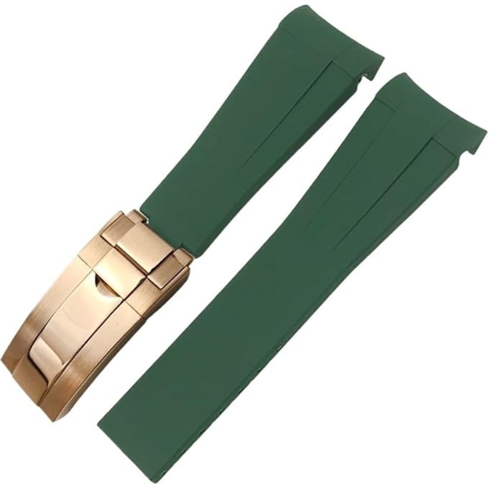 High End Curved FKM Rubber Watch Strap - Oyster Style Deployment Clasp 20mm - Green with Rosegold Clasp