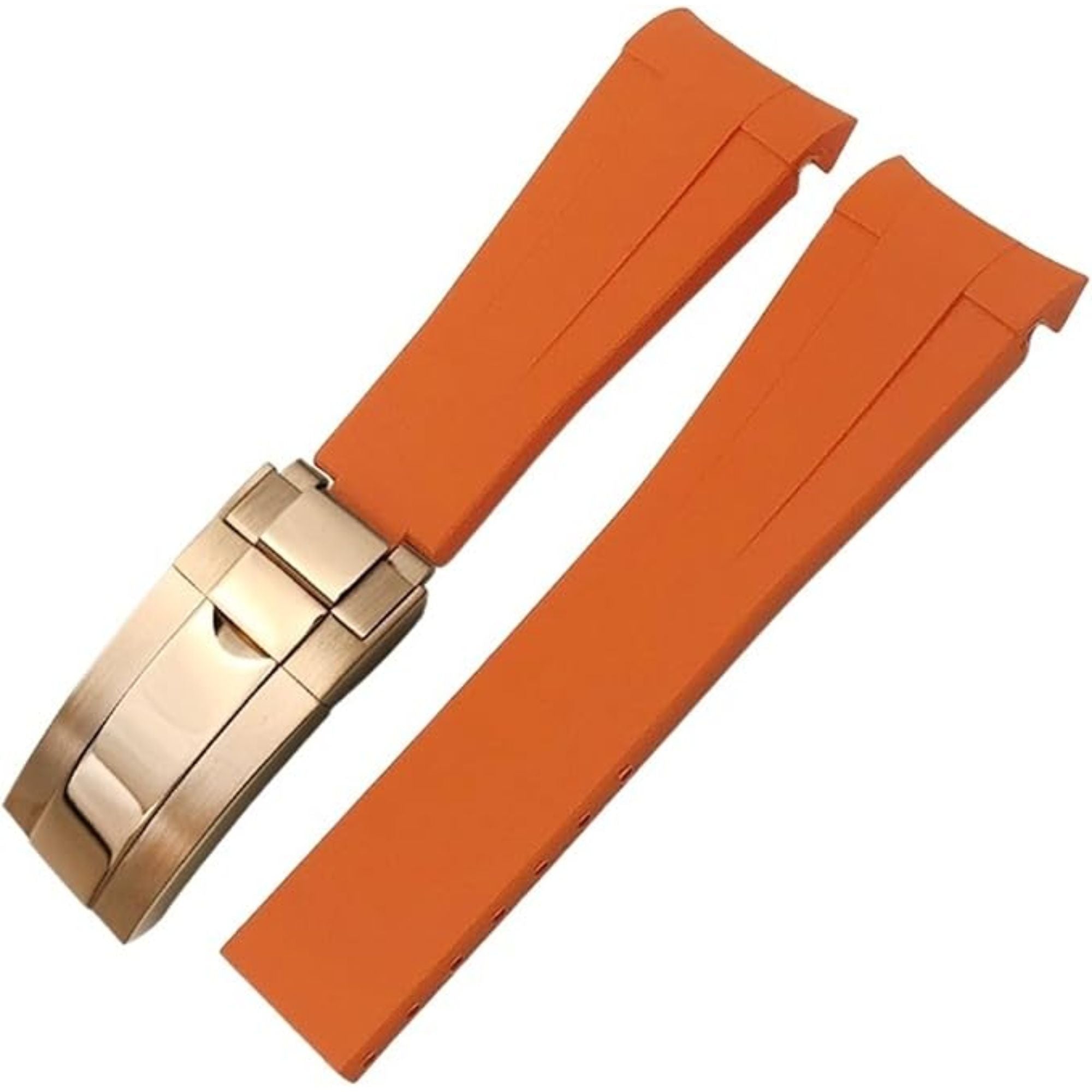 High End Curved FKM Rubber Watch Strap - Oyster Style Deployment Clasp 20mm - Orange with Rosegold Clasp