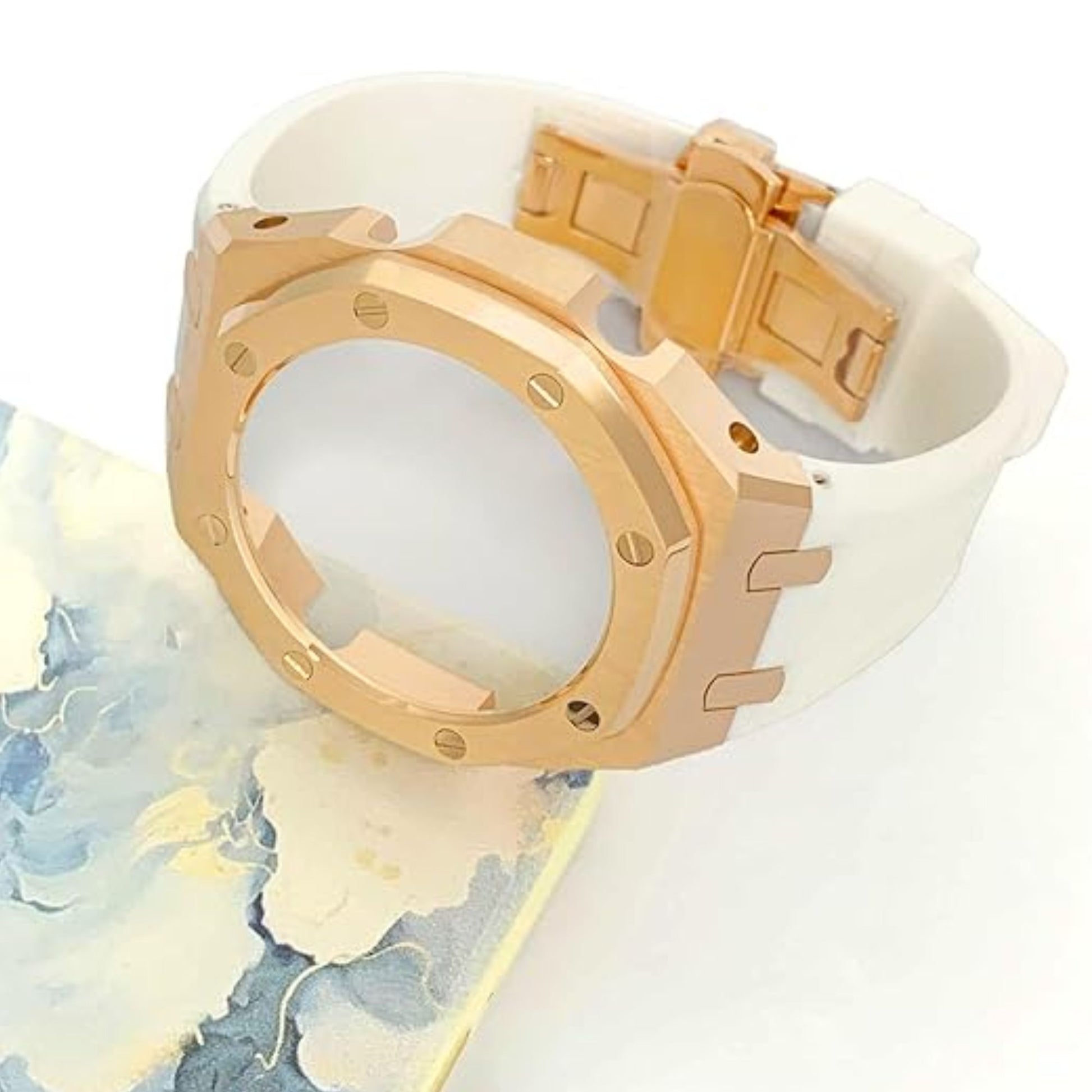 Mod Kit Metal Watchband and Metal Case for G-shock GM-2100 and GM-2110/B-2100 " Casioak"[White With Rosegold]