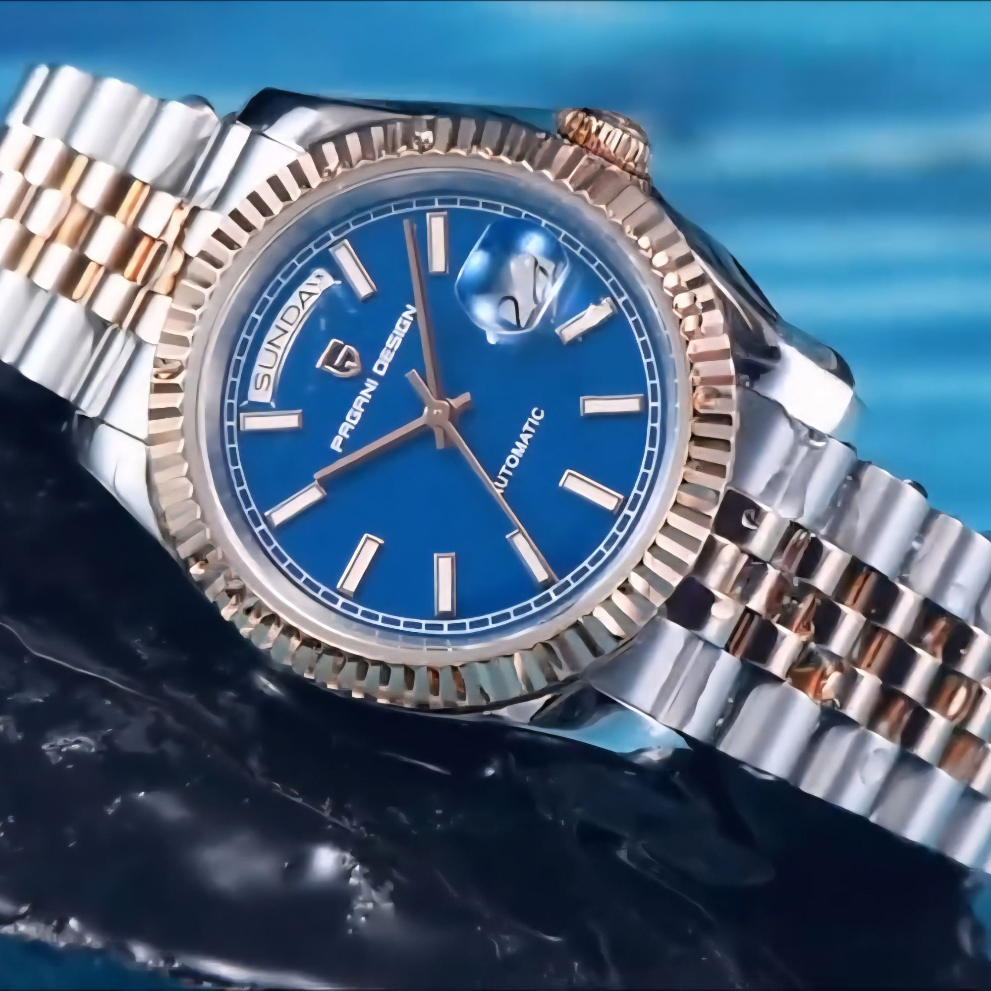 Pagani Design PD-1752 Presidential Day-Date Homage Automatic Movement (ST-16) | Stainless Steel Dial Men's 36 MM Watch | BLUE DIAL