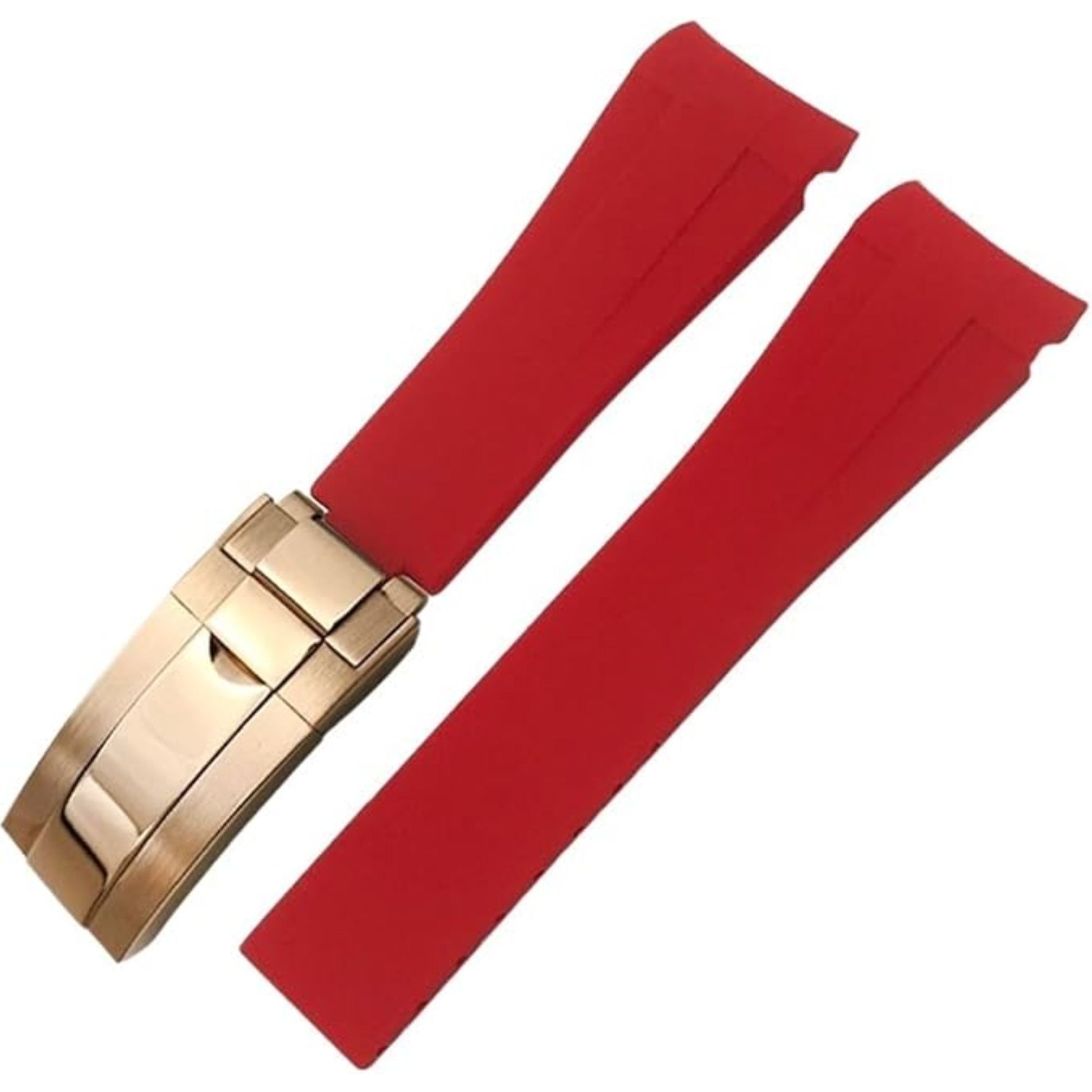 High End Curved FKM Rubber Watch Strap - Oyster Style Deployment Clasp 20mm - Red with Rosegold Clasp
