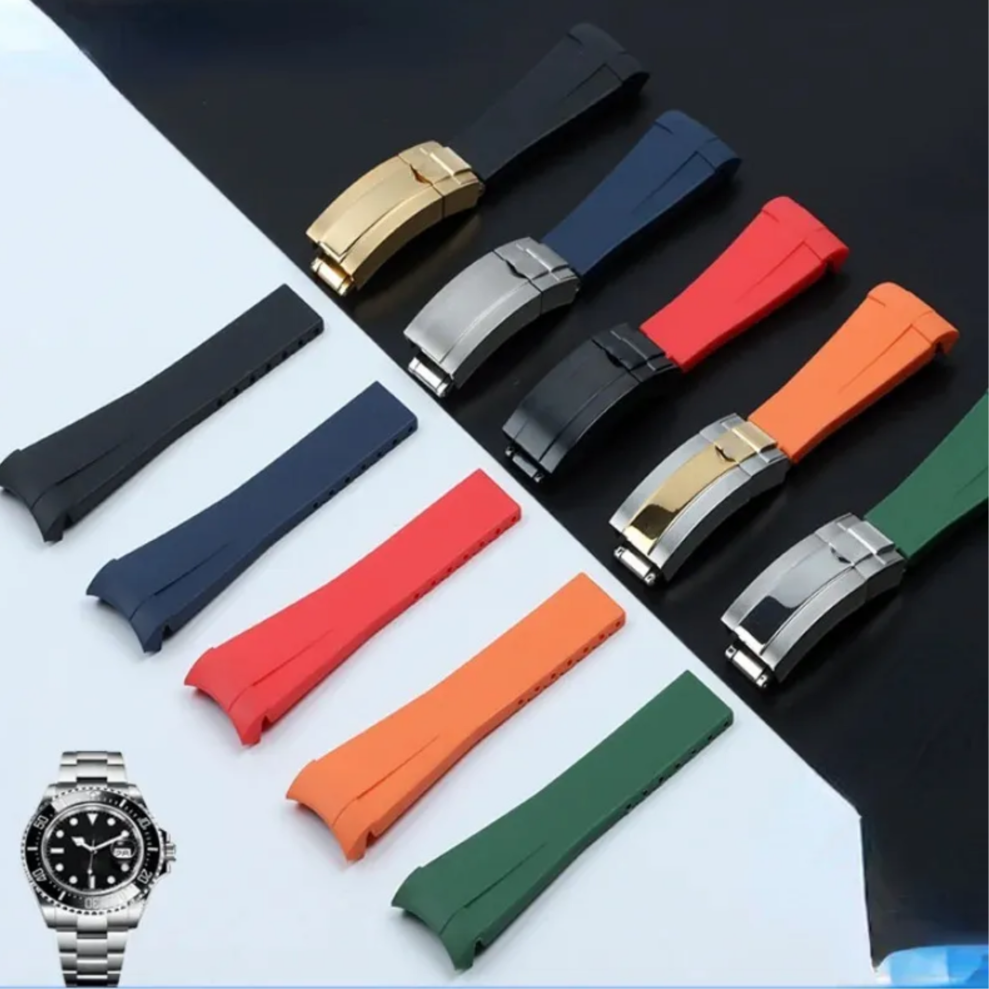 High End Curved FKM Rubber Watch Strap - Oyster Style Deployment Clasp 20mm - Brown with Rosegold Clasp