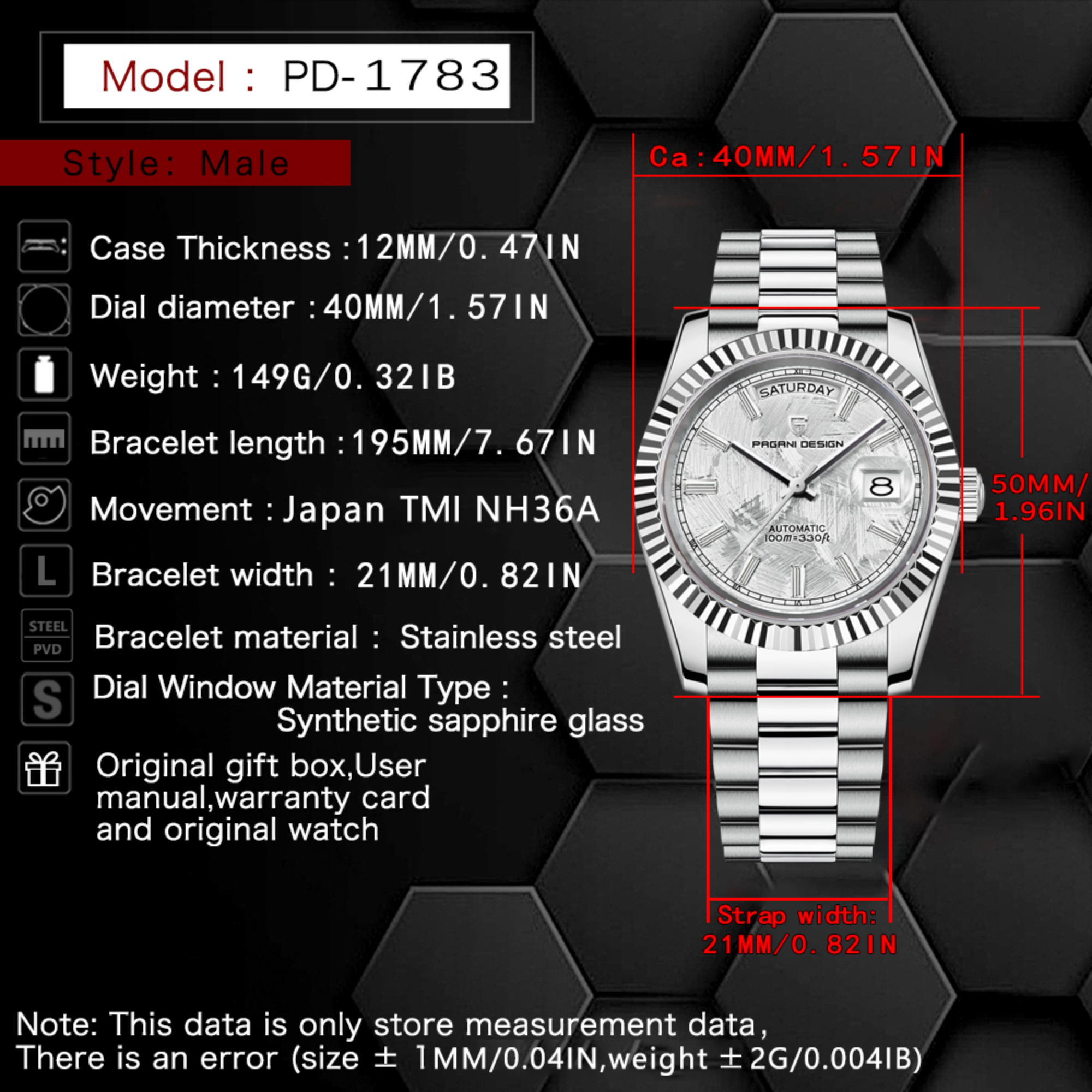 Pagani Design DD40 PD-1783 Men's Watches Luxury Automatic Watch AR Sapphire Glass Mechanical Wristwatch Men NH36A