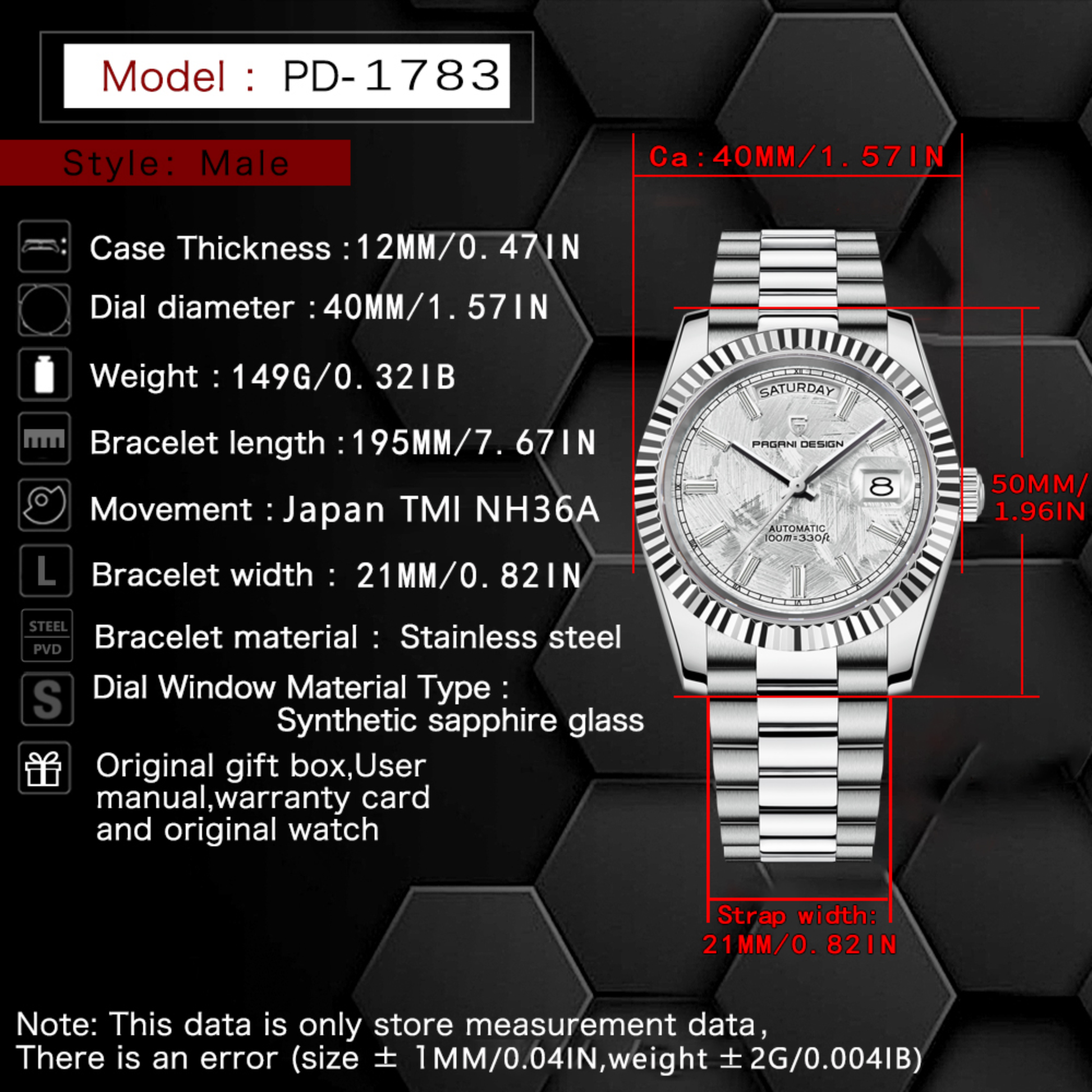 Pagani Design DD40 PD-1783 Men's Watches Luxury Automatic Watch AR Sapphire Glass Mechanical Wristwatch Men NH36A