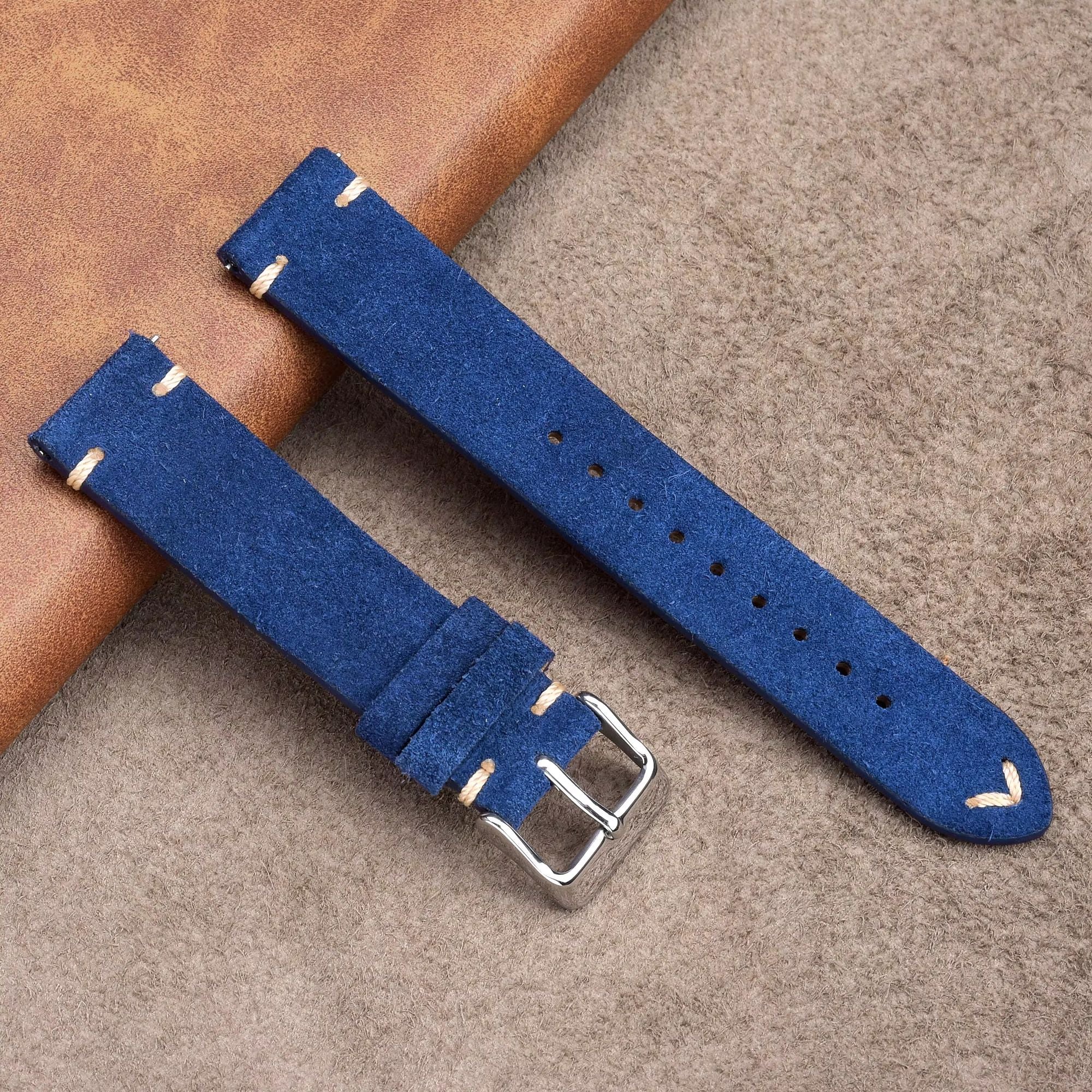 Suede Handmade Leather Watch Strap with Quick Release 20mm - Vibrant Blue