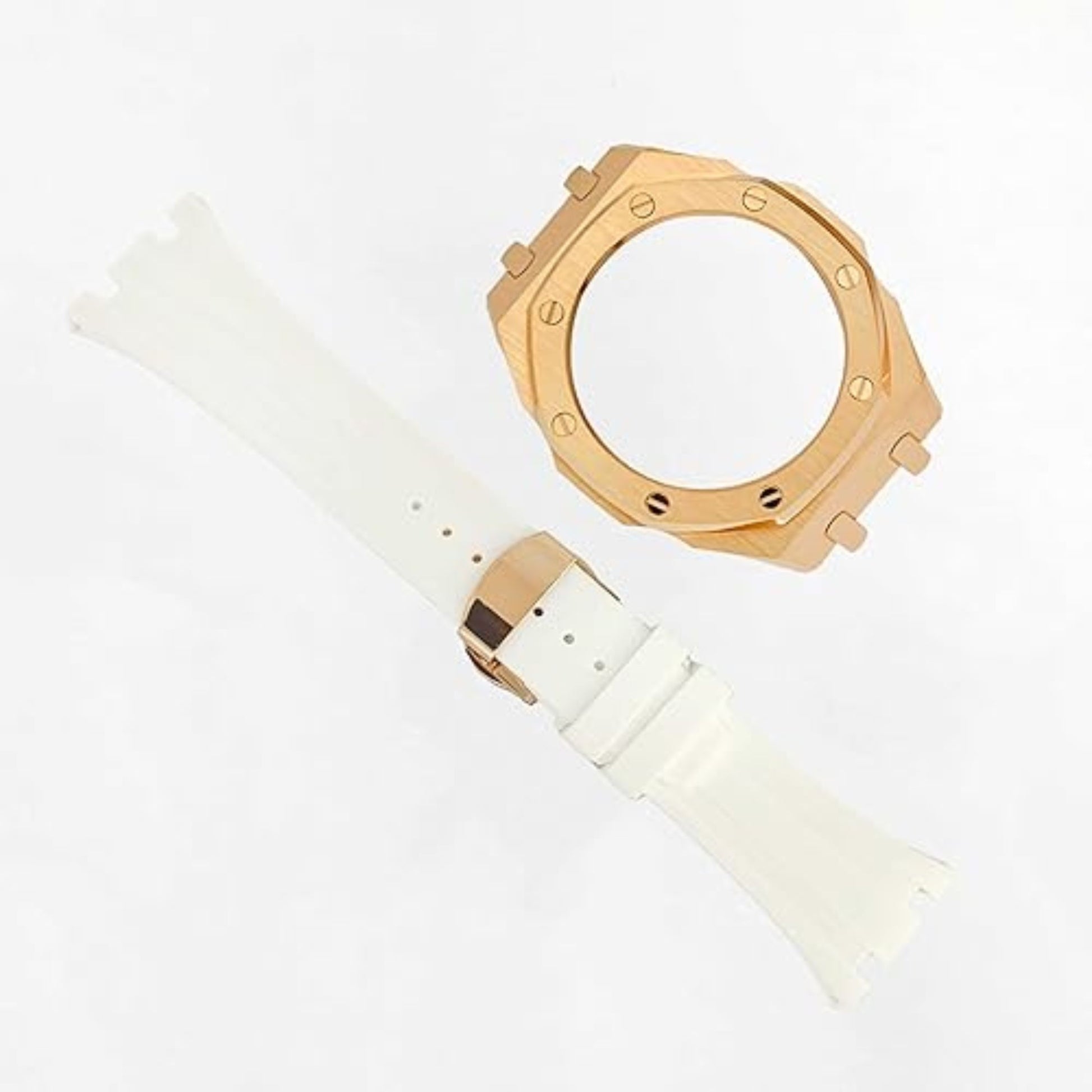 Mod Kit Metal Watchband and Metal Case for G-shock GM-2100 and GM-2110/B-2100 " Casioak"[White With Rosegold]