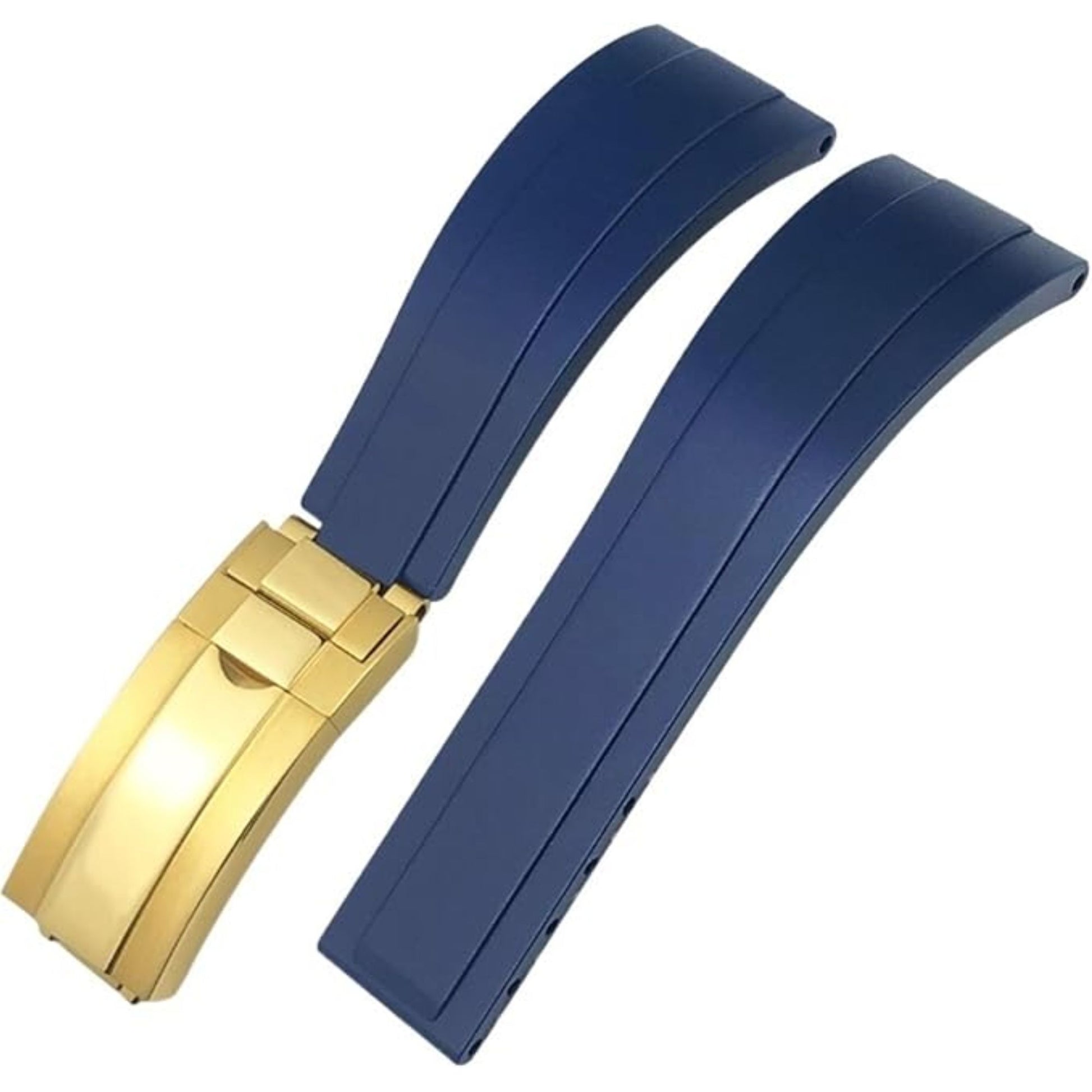 High End Curved FKM Rubber Watch Strap - Oyster Style Deployment Clasp 20mm - Blue with Golden Clasp