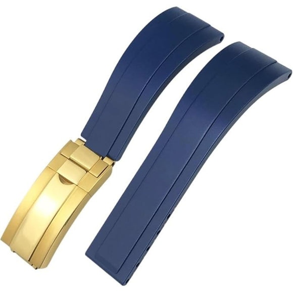 High End Curved FKM Rubber Watch Strap - Oyster Style Deployment Clasp 20mm - Blue with Golden Clasp
