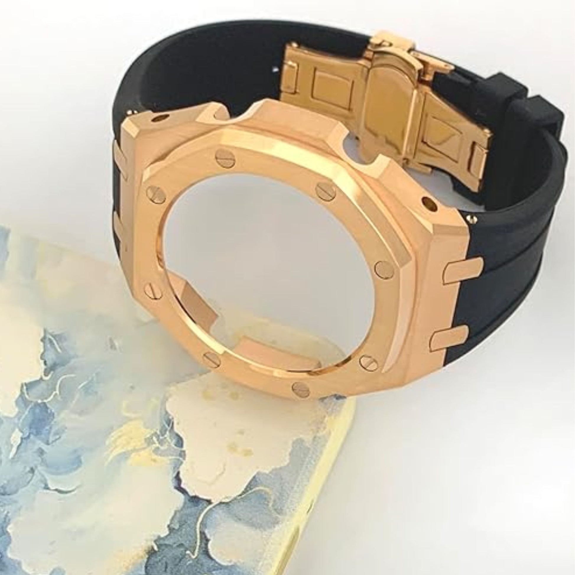 Mod Kit Metal Watchband and Metal Case for G-shock GM-2100 and GM-2110/B-2100 " Casioak"[Black With Rosegold]