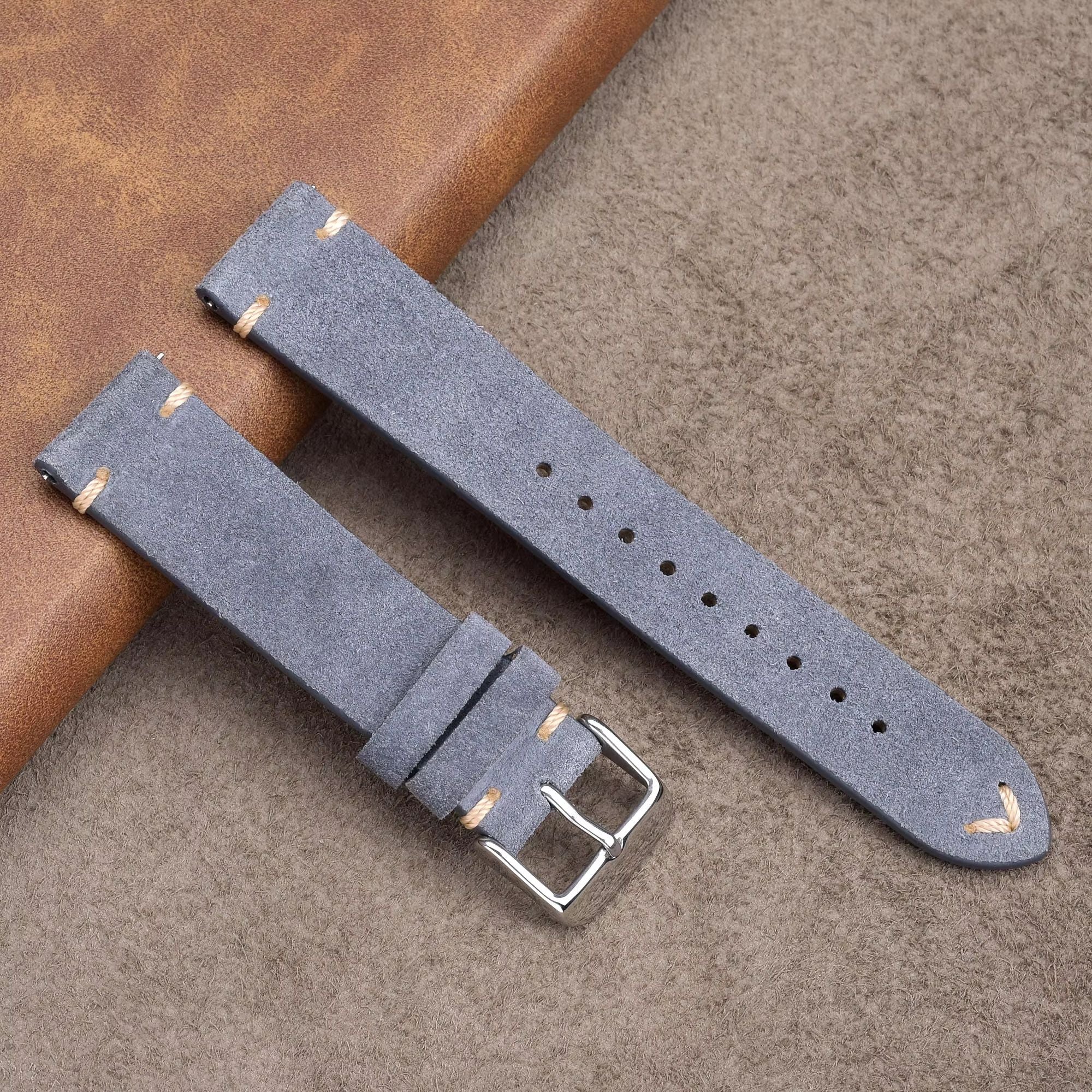 Suede Handmade Leather Watch Strap with Quick Release 20mm - Grey