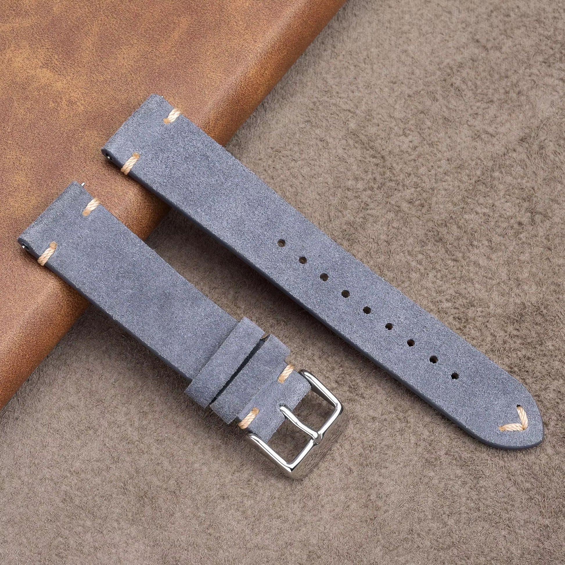 Suede Handmade Leather Watch Strap with Quick Release 20mm - Grey