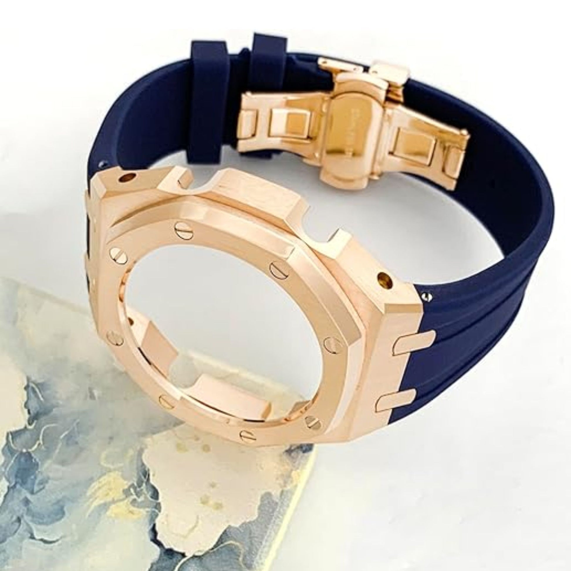 Mod Kit Metal Watchband and Metal Case for G-shock GM-2100 and GM-2110/B-2100 " Casioak[Blue With Rosegold]