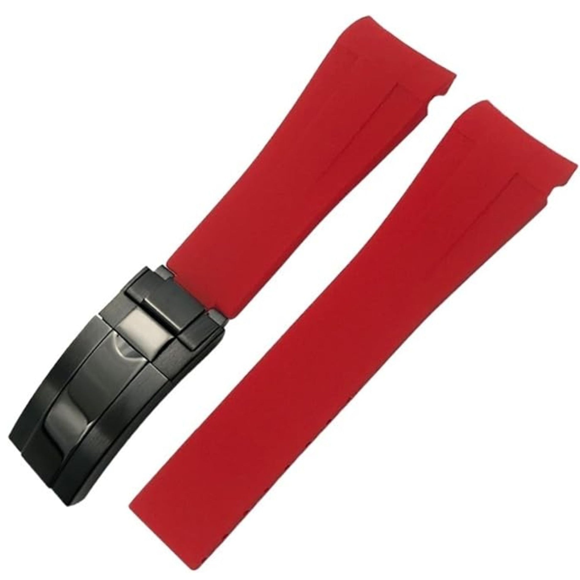 High End Curved FKM Rubber Watch Strap - Oyster Style Deployment Clasp 20mm - Red with Black Clasp