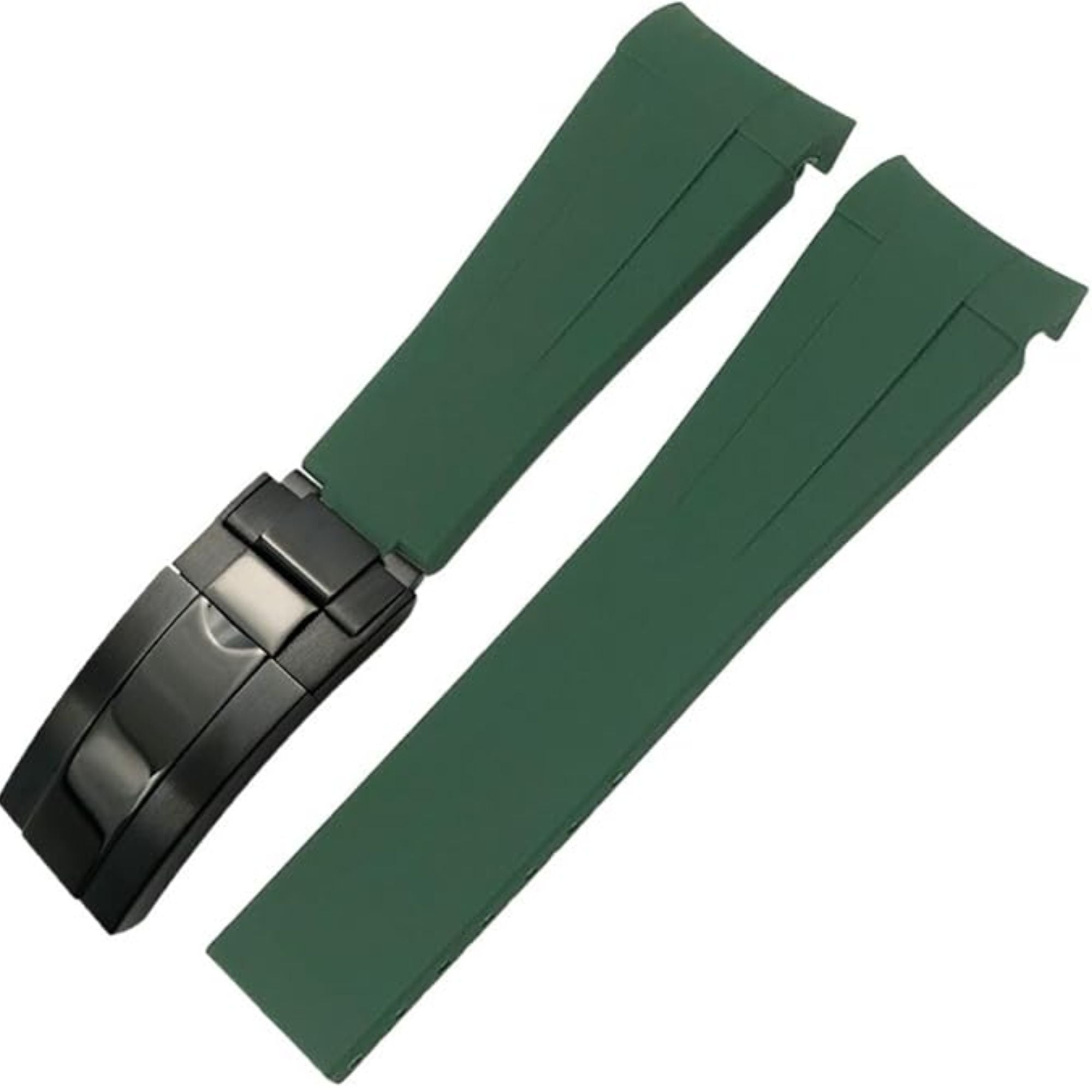 High End Curved FKM Rubber Watch Strap - Oyster Style Deployment Clasp 20mm - Green with Black Clasp