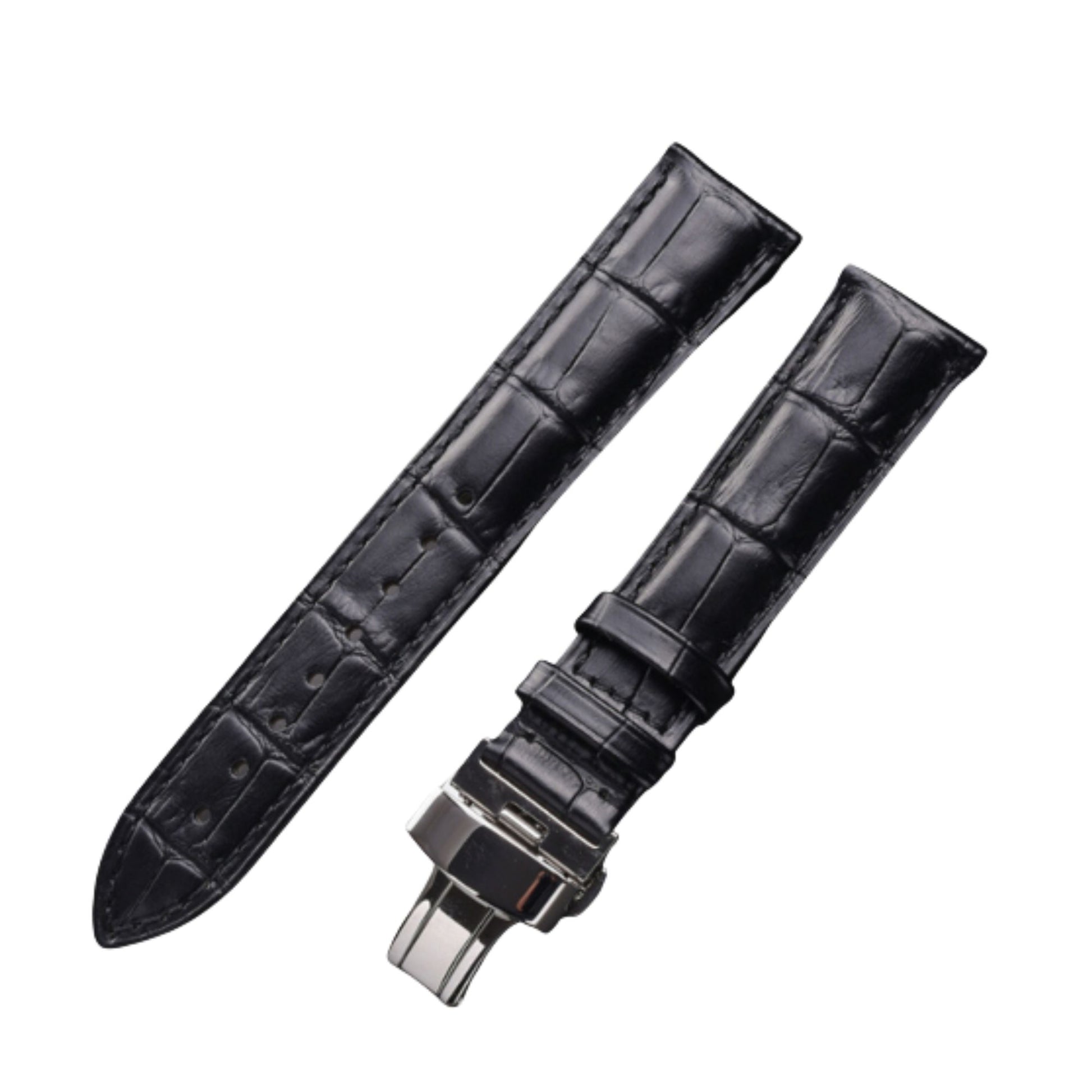 Quality Leather Watch Band/Strap with butterfly buckle - Black (22 mm)
