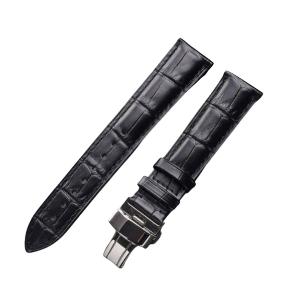Quality Leather Watch Band/Strap with butterfly buckle - Black (22 mm)