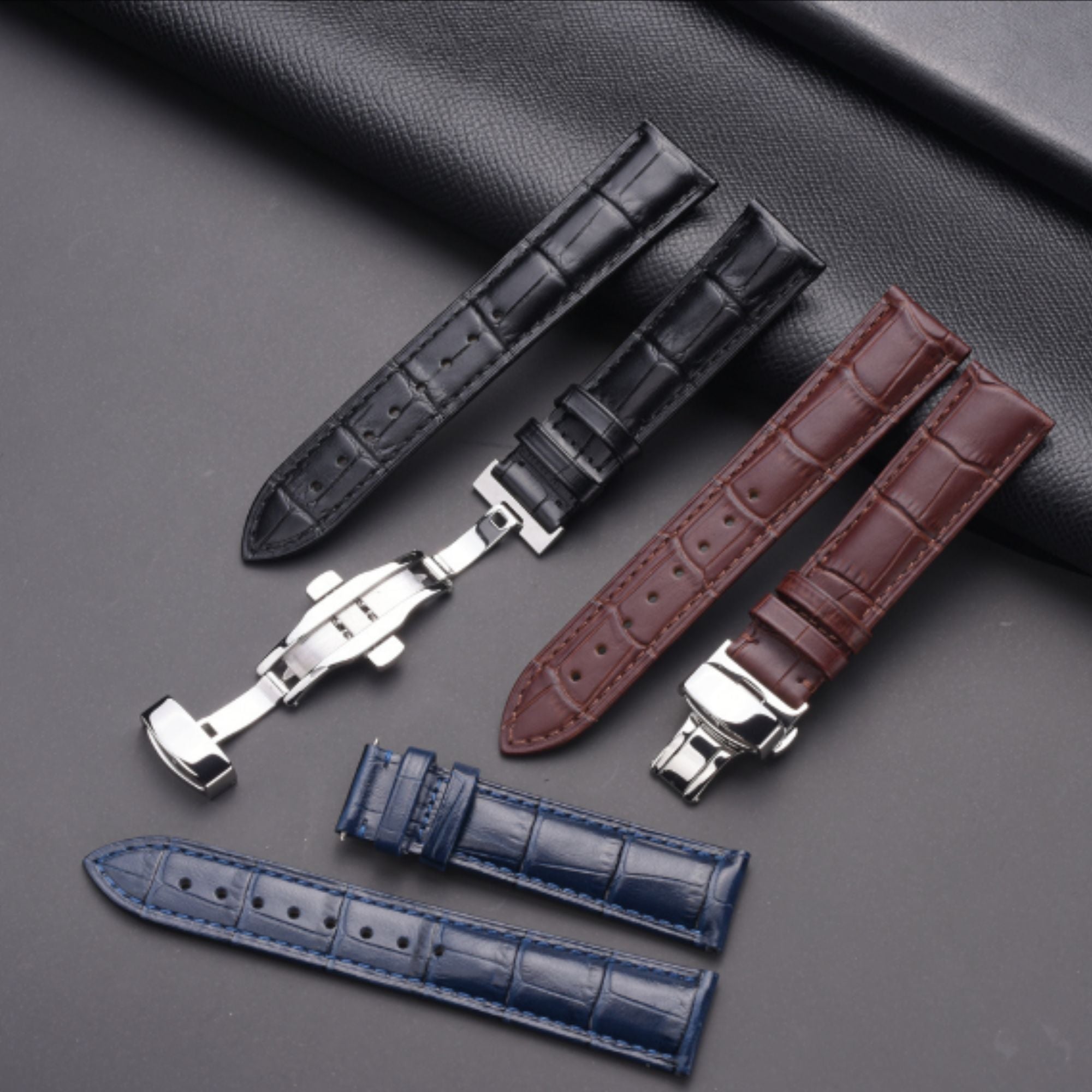 Quality Leather Watchbands Watch Band/Strap with butterfly buckle - Black (22 mm)