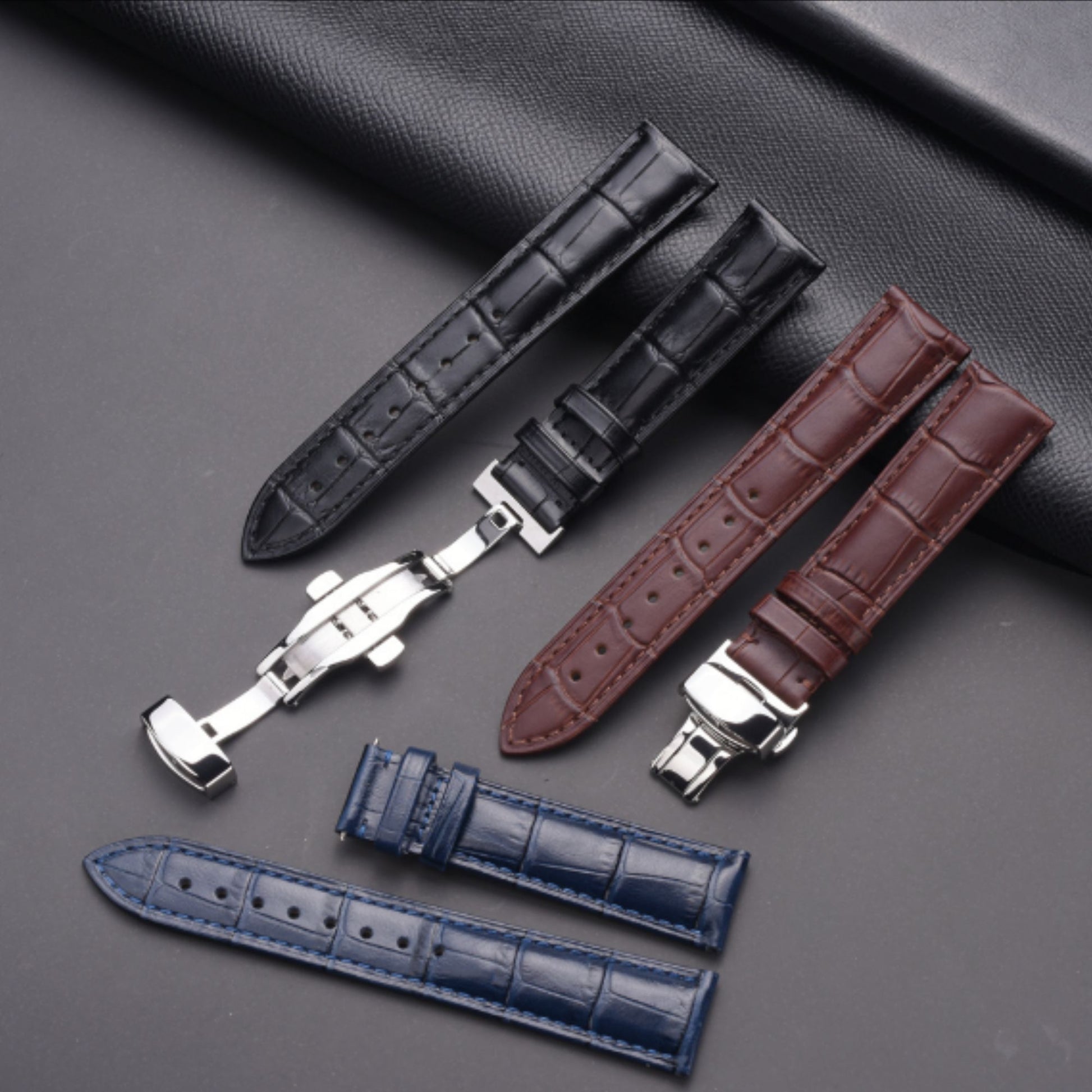 Quality Leather Watch Band/Strap with butterfly buckle - Black (22 mm)