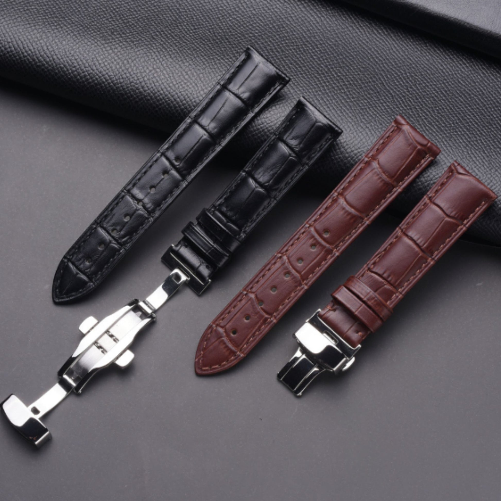 Quality Leather Watchbands Watch Band/Strap with butterfly buckle - Black (22 mm)