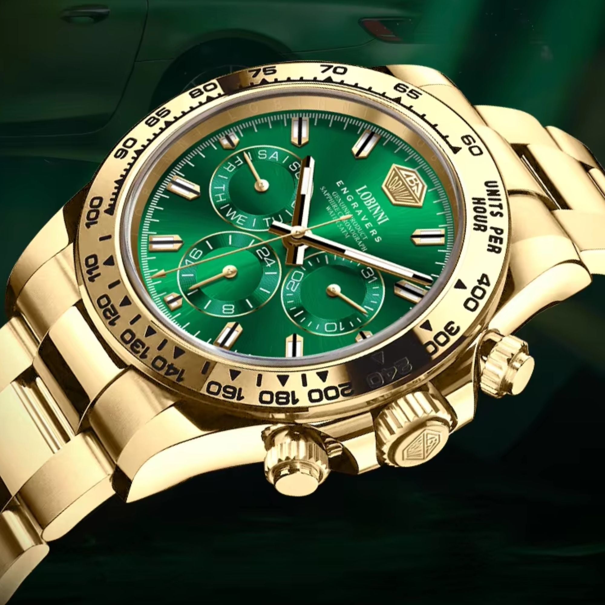 LOBINNI Luxury Stainless Steel Automatic Chronograph Golden - Green Dial