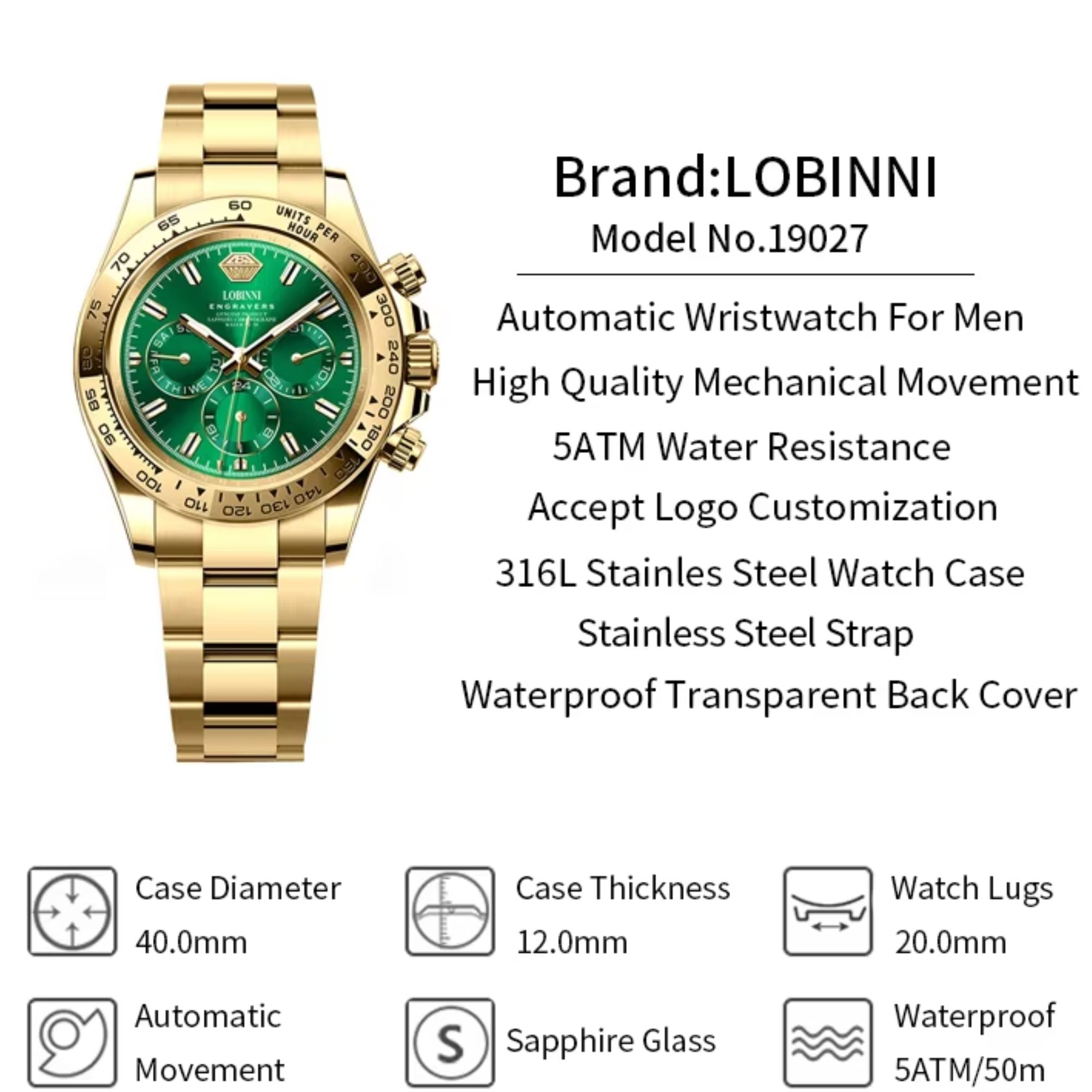 LOBINNI Luxury Stainless Steel Automatic Chronograph Golden - Green Dial