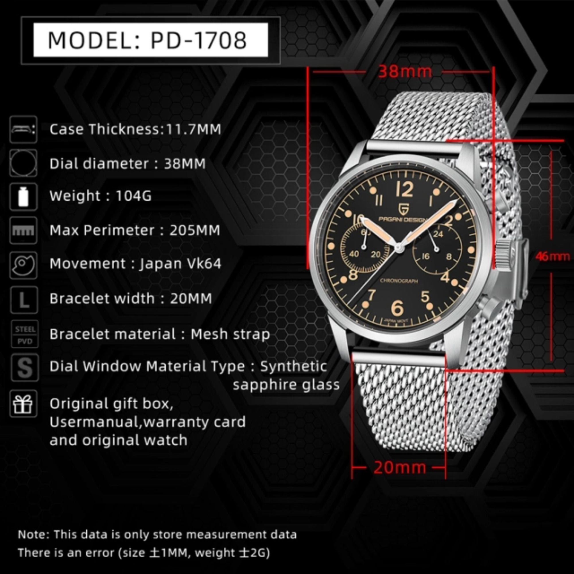 PAGANI DESIGN PD1708 Men's 38mm Stainless Steel Chronograph with Mesh Strap