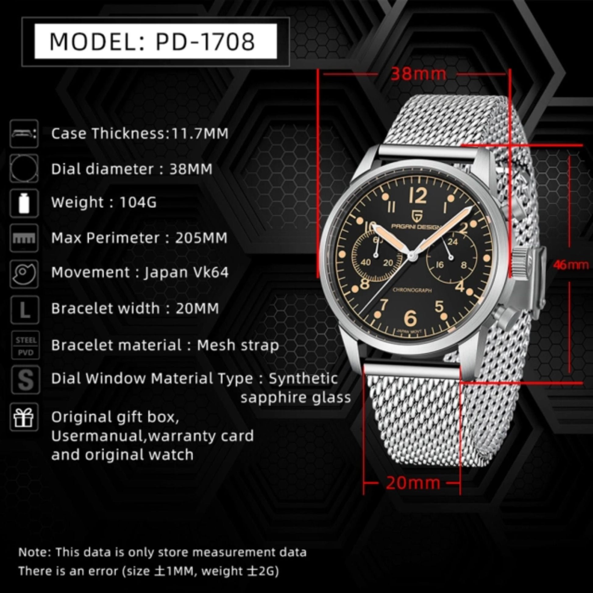 PAGANI DESIGN PD1708 Men's 38mm Stainless Steel Chronograph with Mesh Strap