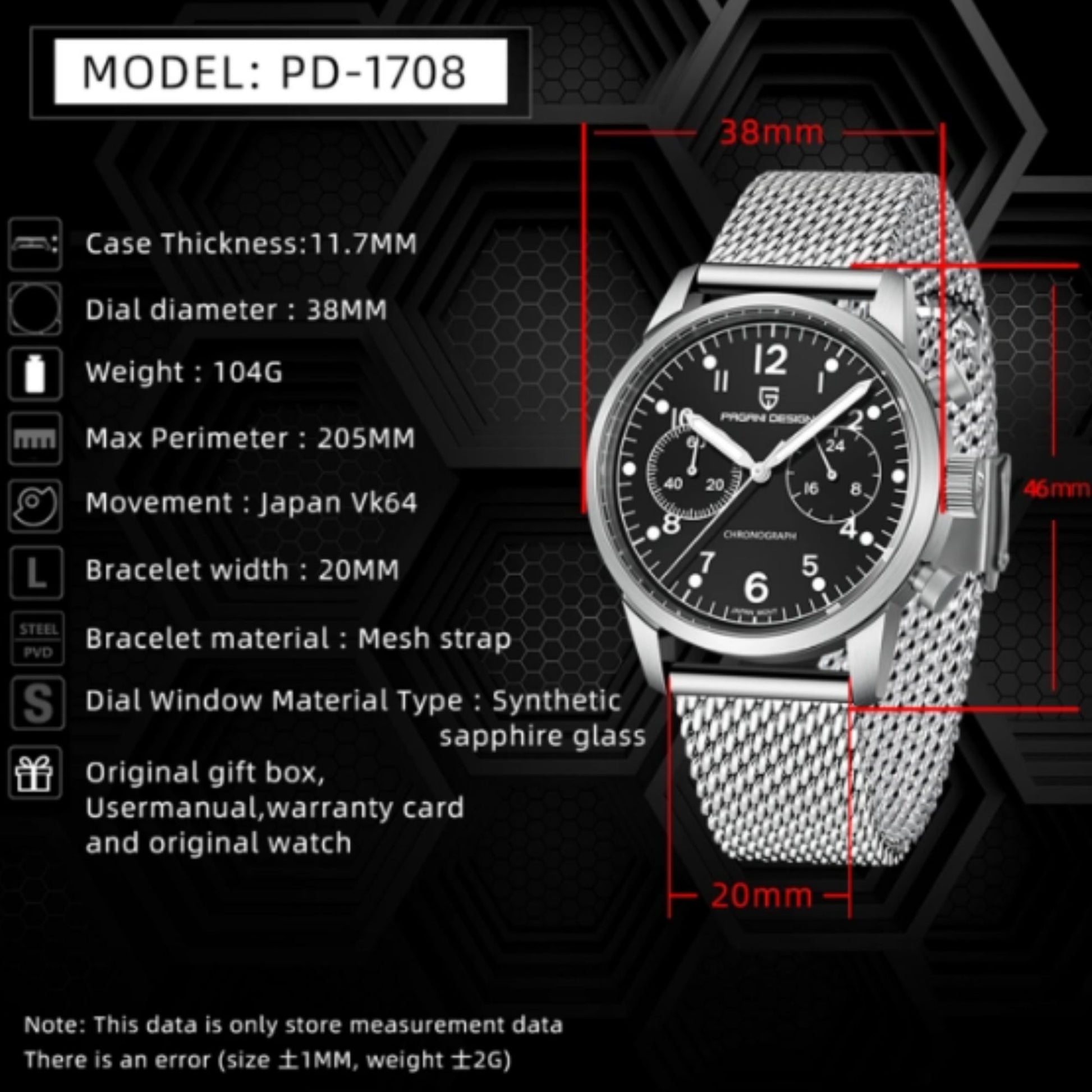 PAGANI DESIGN PD1708 Men's 38mm Stainless Steel Chronograph with Mesh Strap