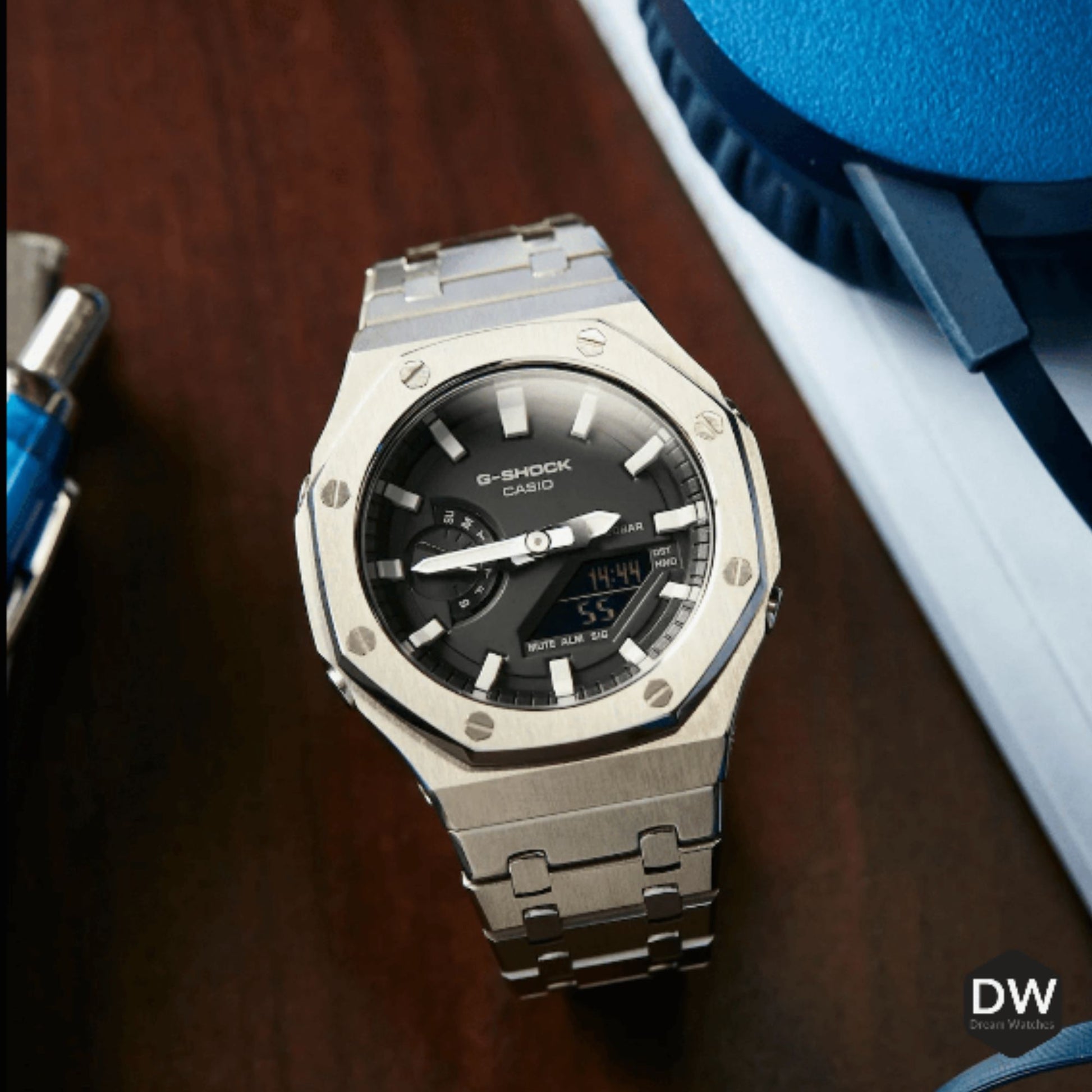 Mod Kit Metal Watchband and Metal Case for G-shock GM-2100 and GM-2110/B-2100 " Casioak" (Silver Bracelet)