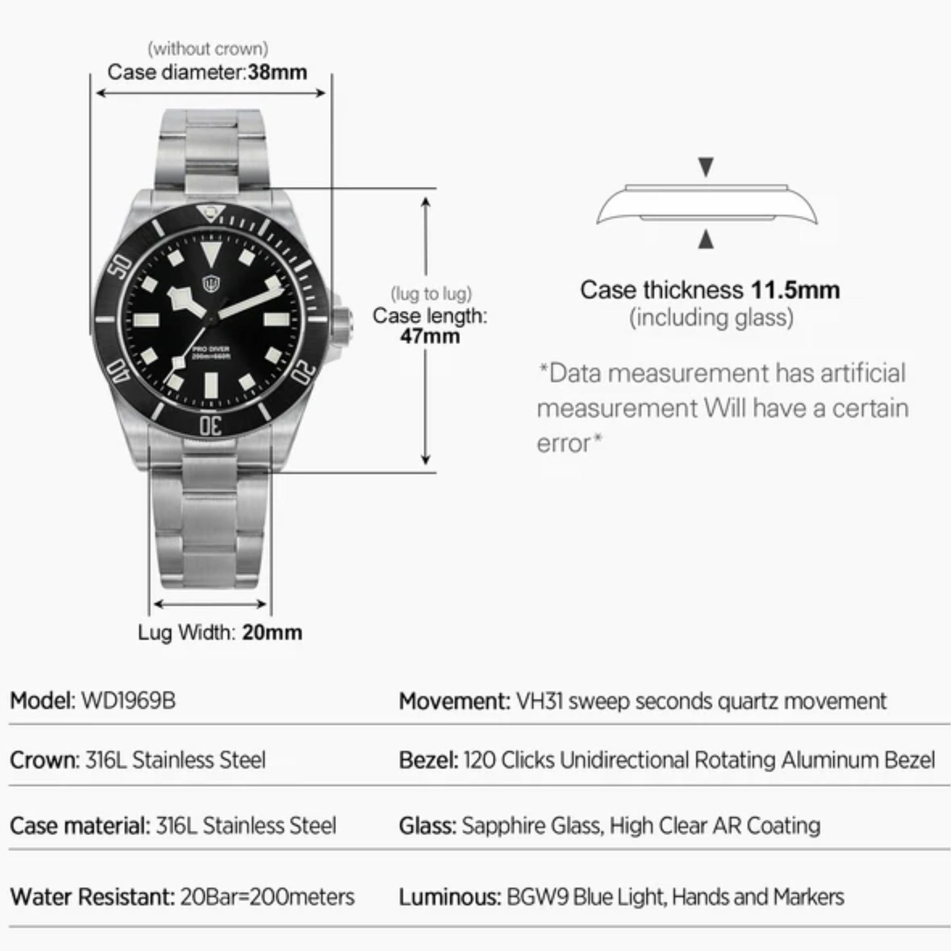 Watchdives WD1969B PRO 38mm VH31 Dive Watch