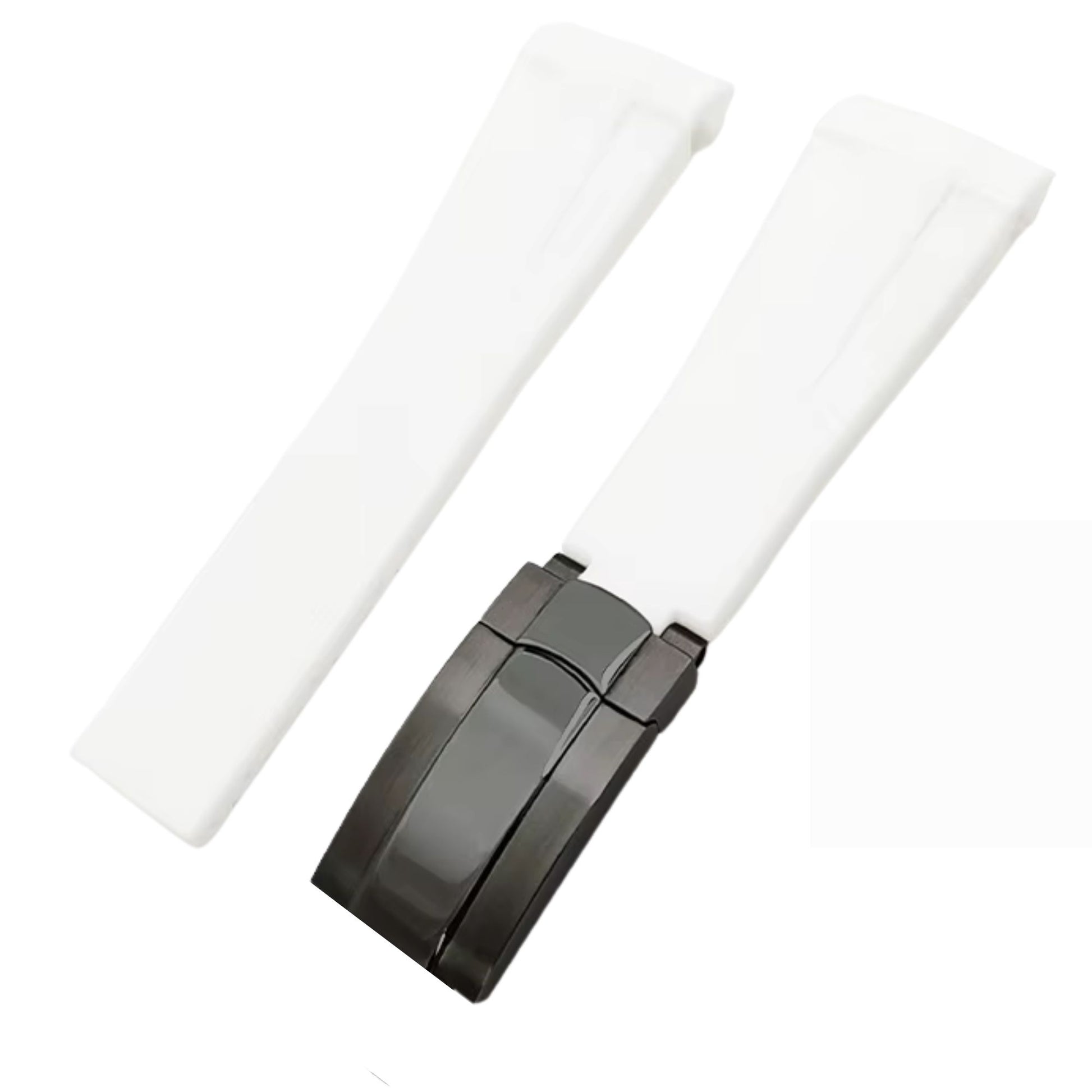 High End Curved FKM Rubber Watch Band With Oyster Style Deployment Clasp: 20 MM - White With Black Buckle