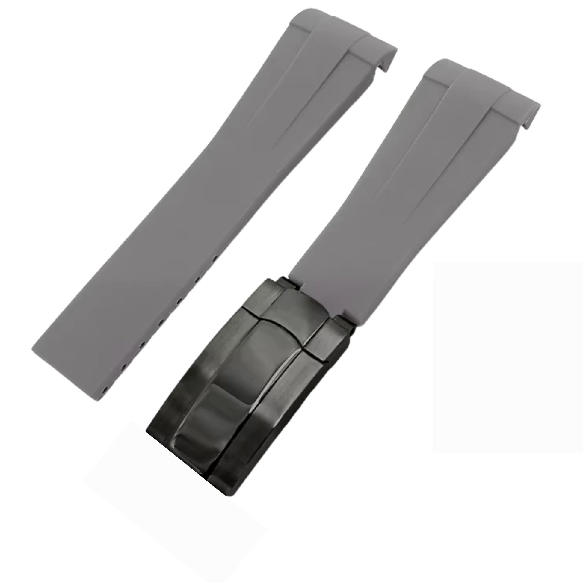 High End Curved FKM Rubber Watch Band With Oyster Style Deployment Clasp: 20 MM - Grey With Black Buckle