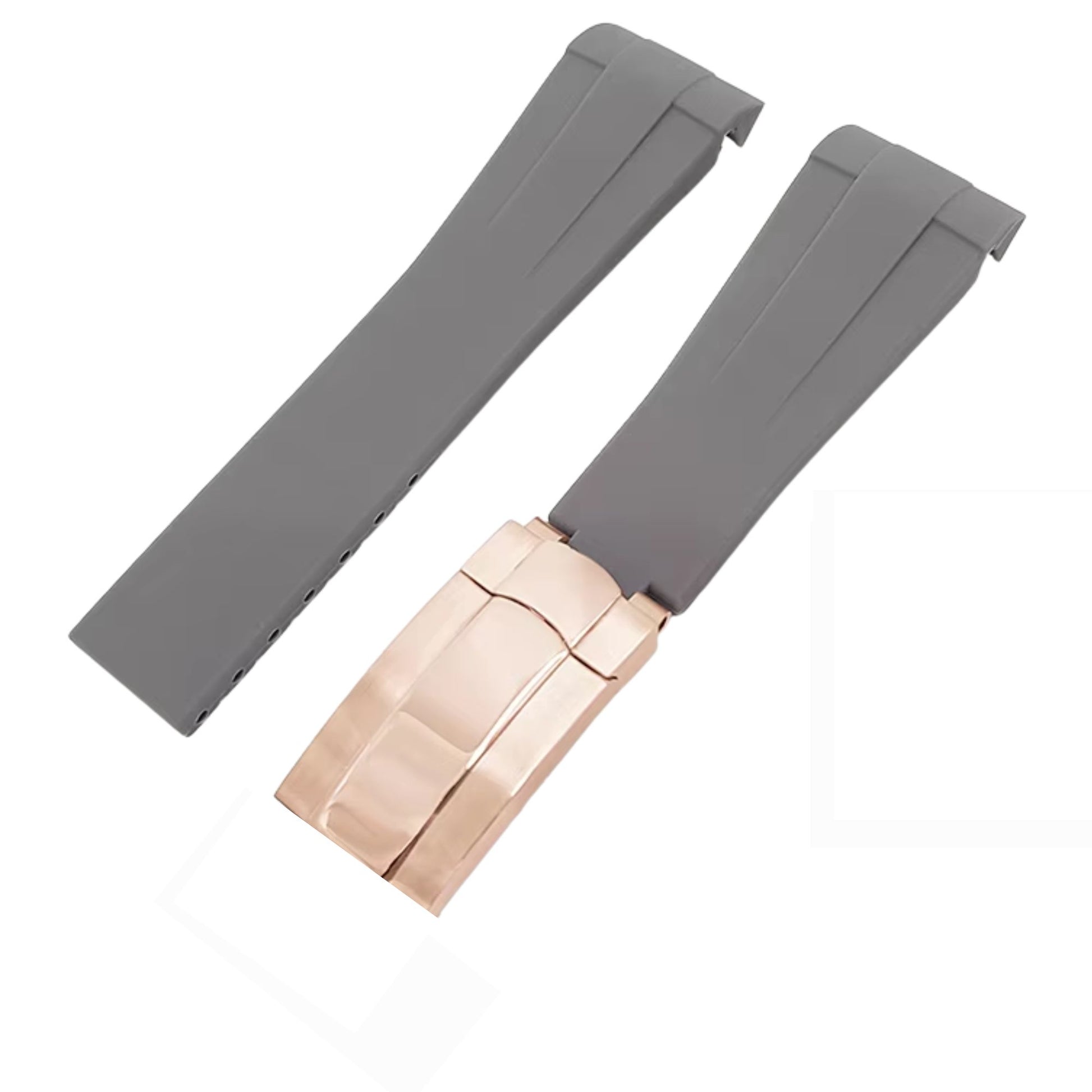 High End Curved FKM Rubber Watch Band With Oyster Style Deployment Clasp: 20 MM - Grey With Rose Gold