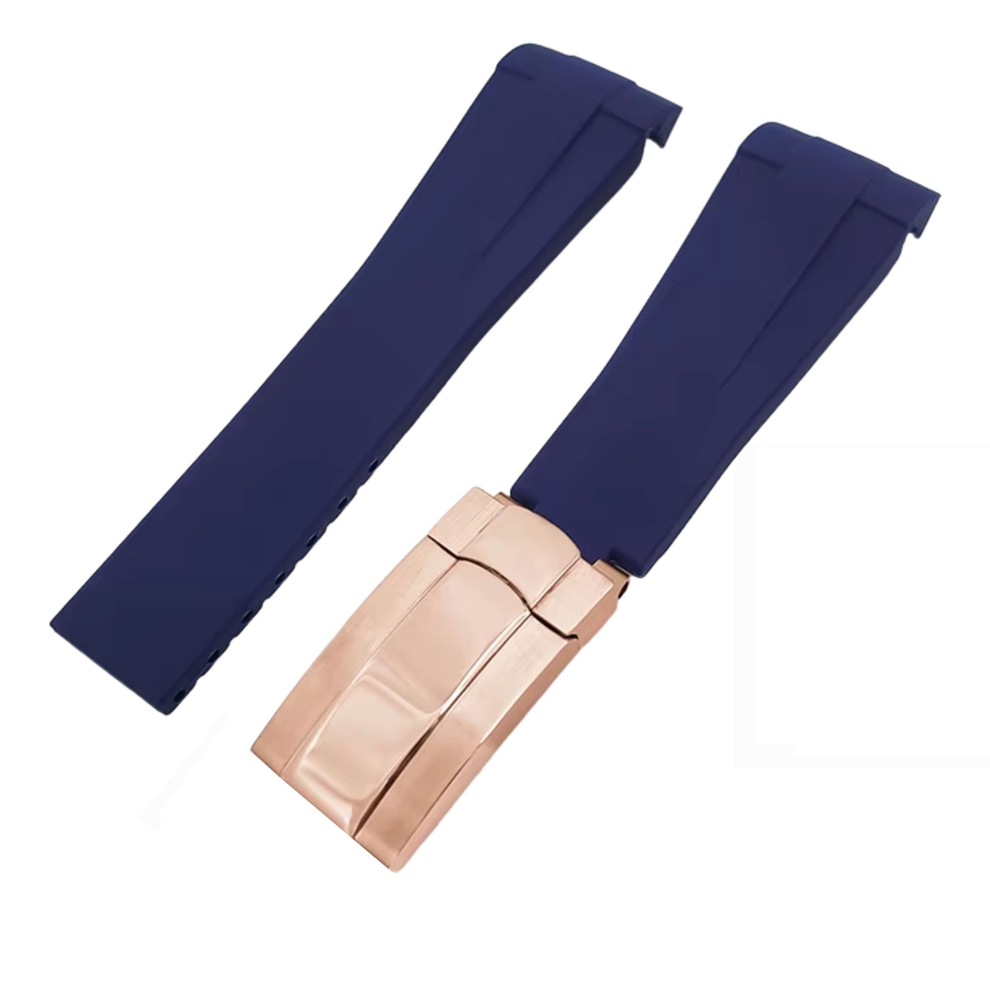 High End Curved FKM Rubber Watch Band With Oyster Style Deployment Clasp: 20 MM - Blue With Rose Gold