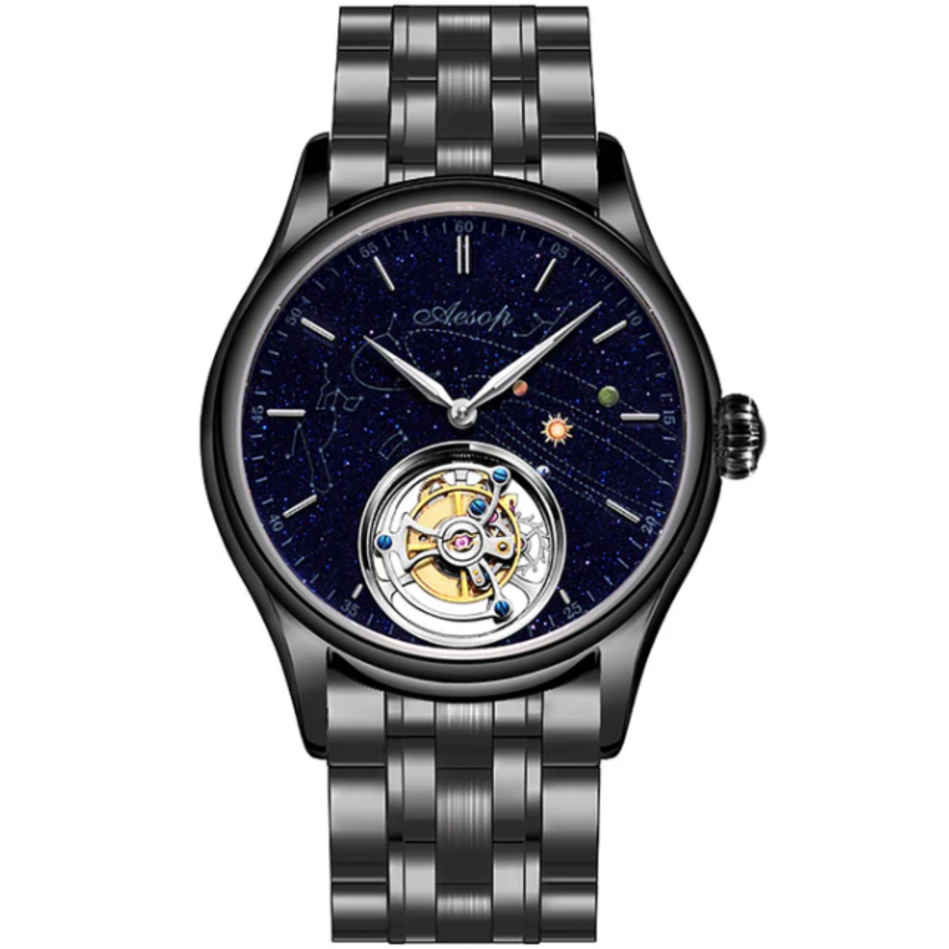 AESOP Mens Luxury Real Flying Tourbillon Mechanical Watches for Men 7025