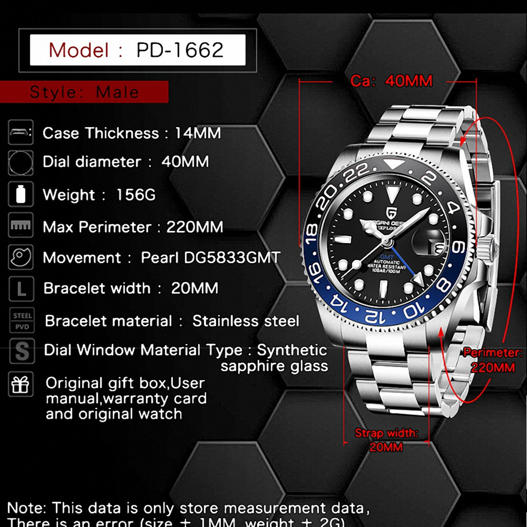 PAGANI DESIGN PD-1662 Automatic GMT Mechanical Stainless Steel Jubilee Bracelet