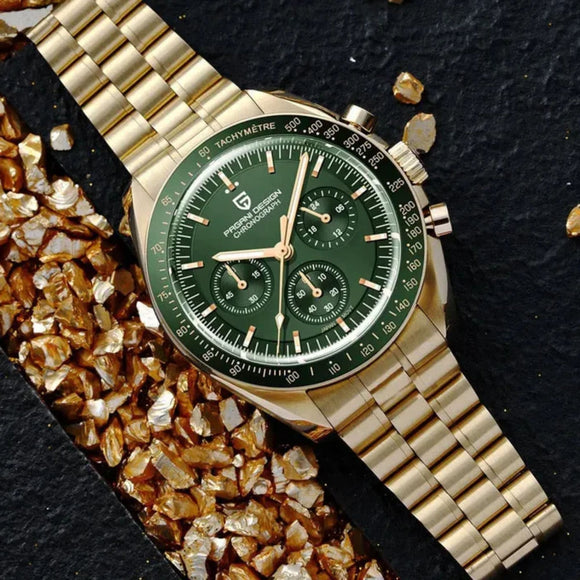 Pagani Design PD-1701 Speedmaster Moonwatch Men's 40mm Seiko VK63 Chronograph Quartz Watch Sapphire Crystal 100m Waterproof - Golden Green