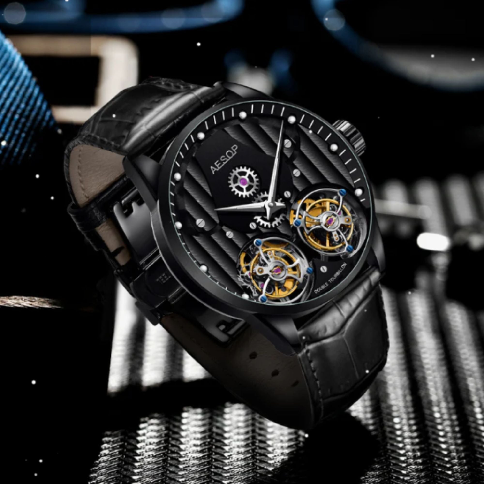Aesop Double Tourbillon Men Watch Flying Tourbillon Sapphire Crystal  Wristwatch 7030