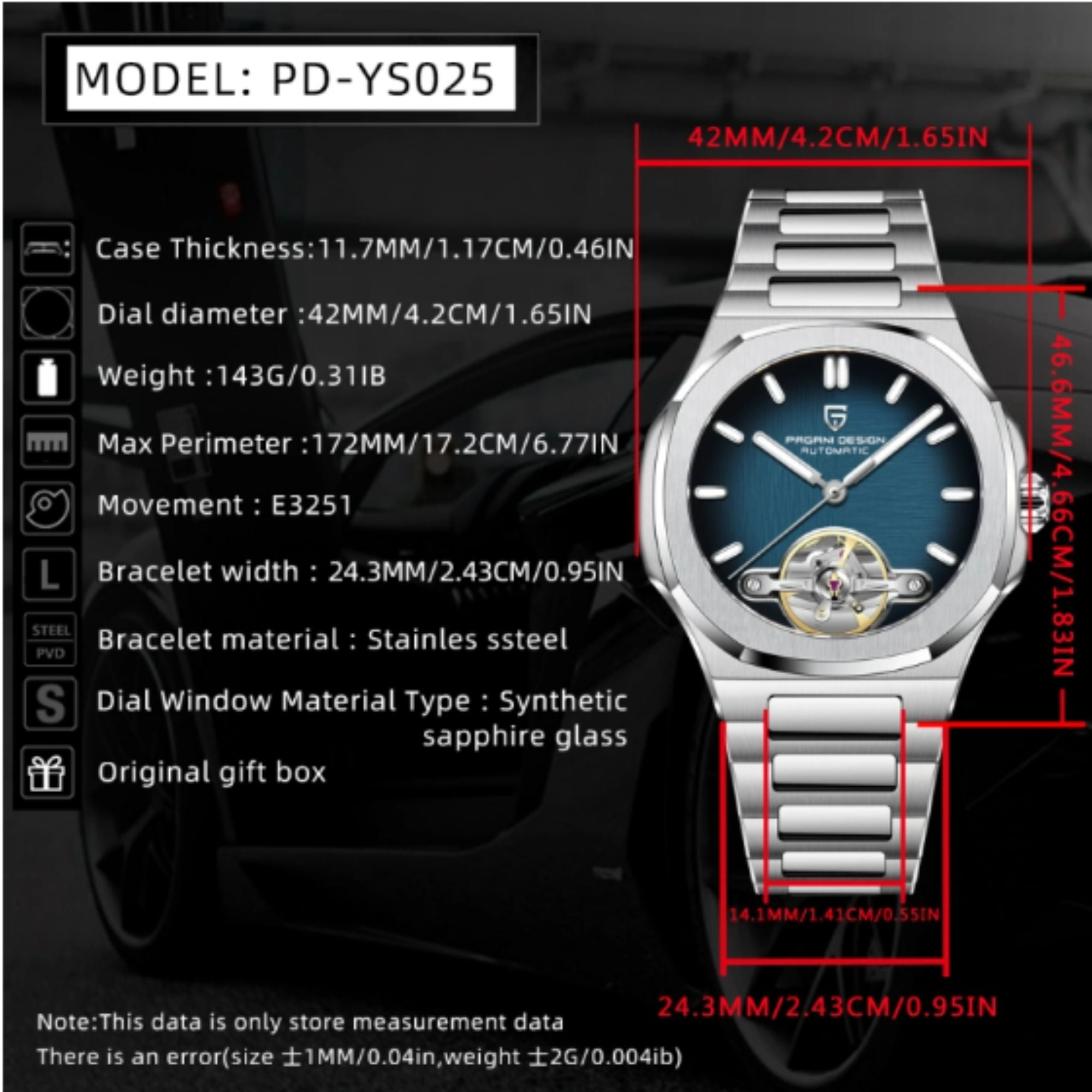 PAGANI DESIGN PD-YS025 Automatic Stainless Steel Sapphire Glass Wristwatch with open Balance Wheel