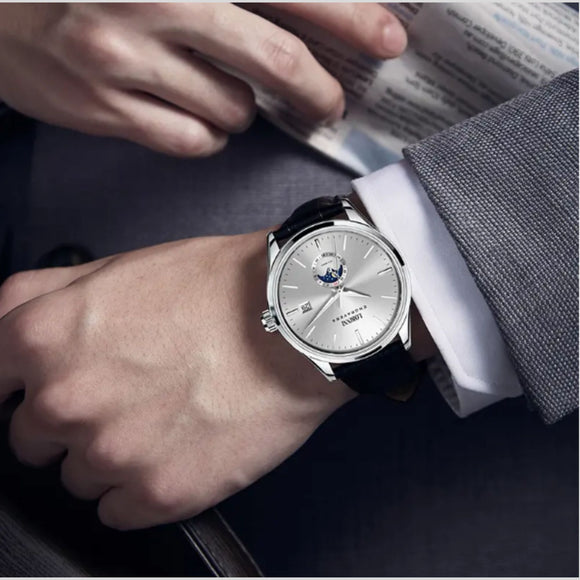 LOBINNI 19001 Business Brown Leather Strap with automatic movement Watch