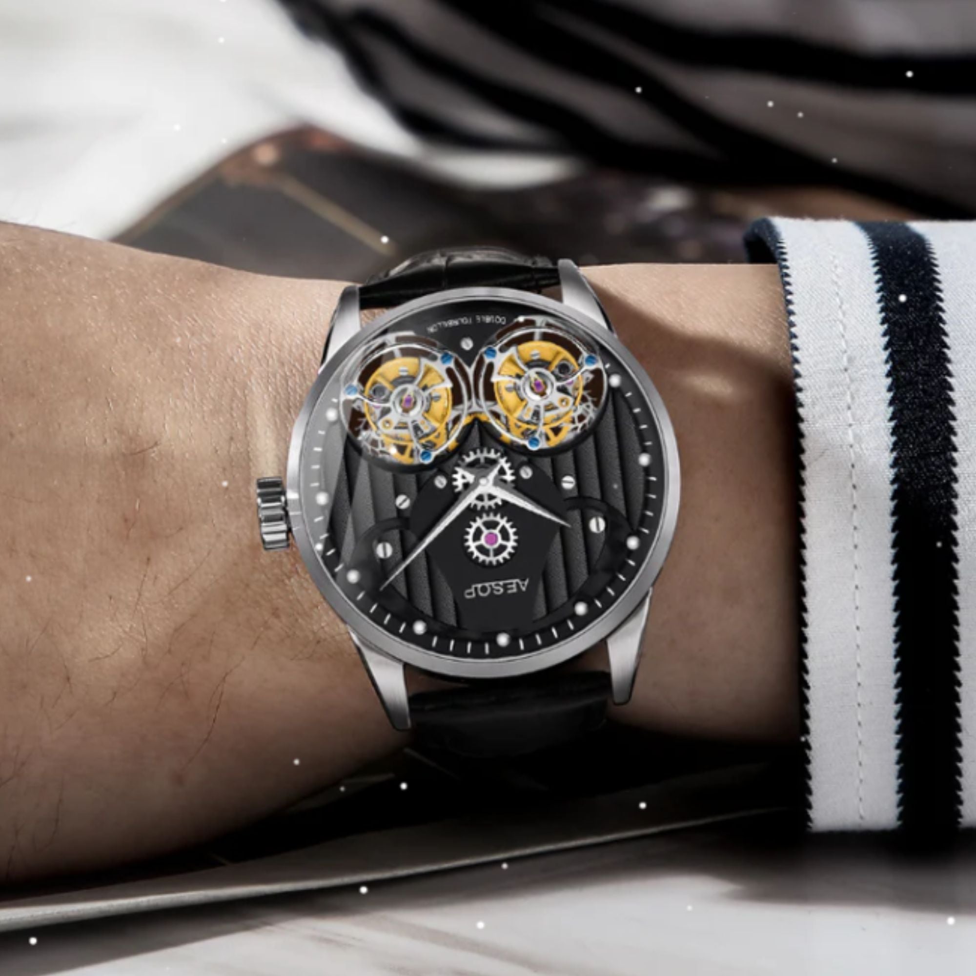 Aesop Double Tourbillon Men Watch Flying Tourbillon Sapphire Crystal  Wristwatch 7030