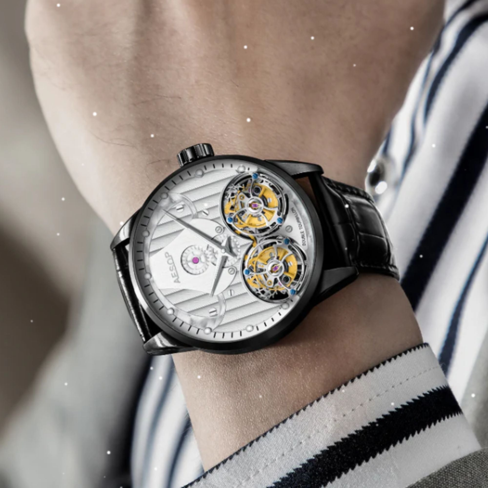 Aesop Double Tourbillon Men Watch Flying Tourbillon Sapphire Crystal  Wristwatch 7030