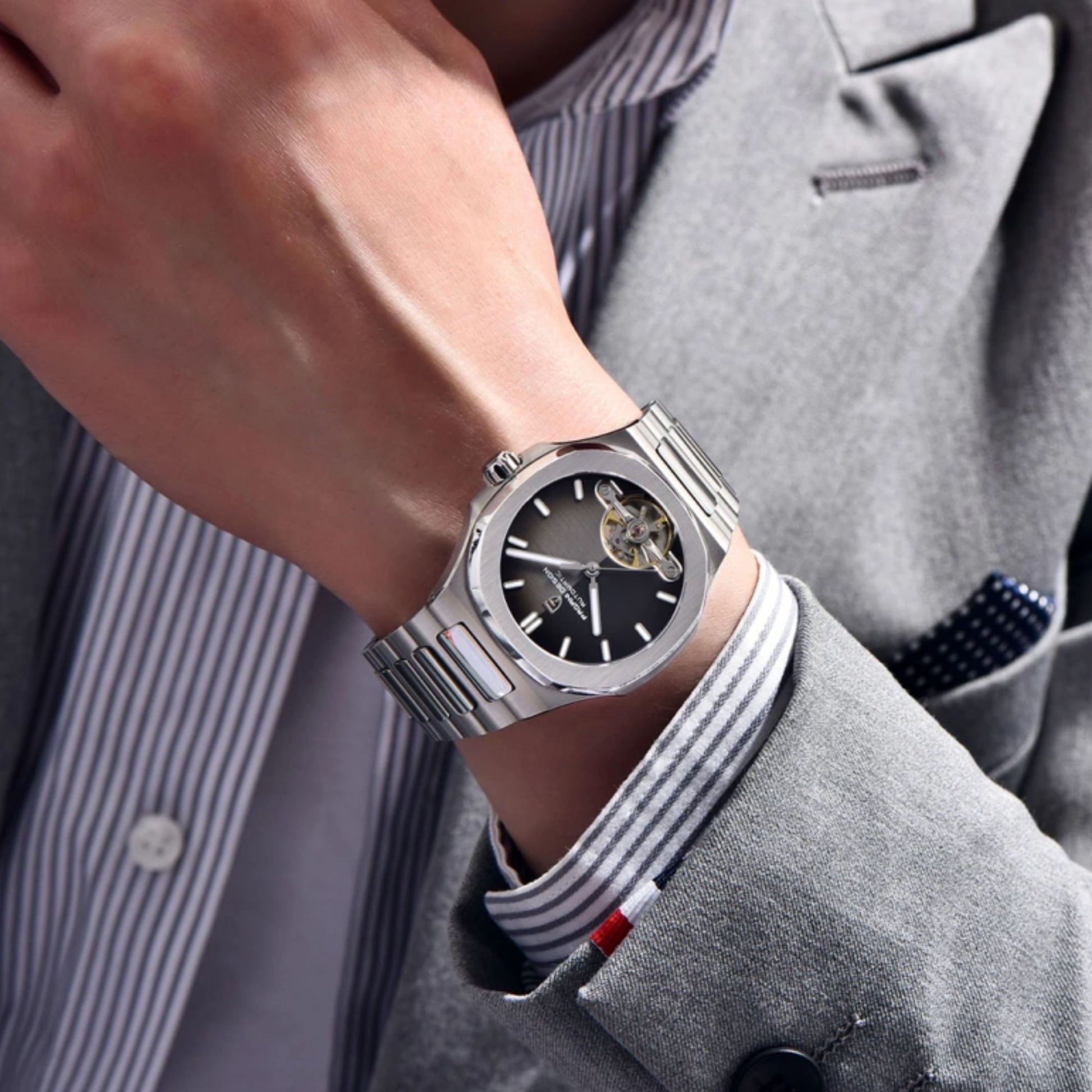 PAGANI DESIGN PD-YS025 Automatic Stainless Steel Sapphire Glass Wristwatch with open Balance Wheel