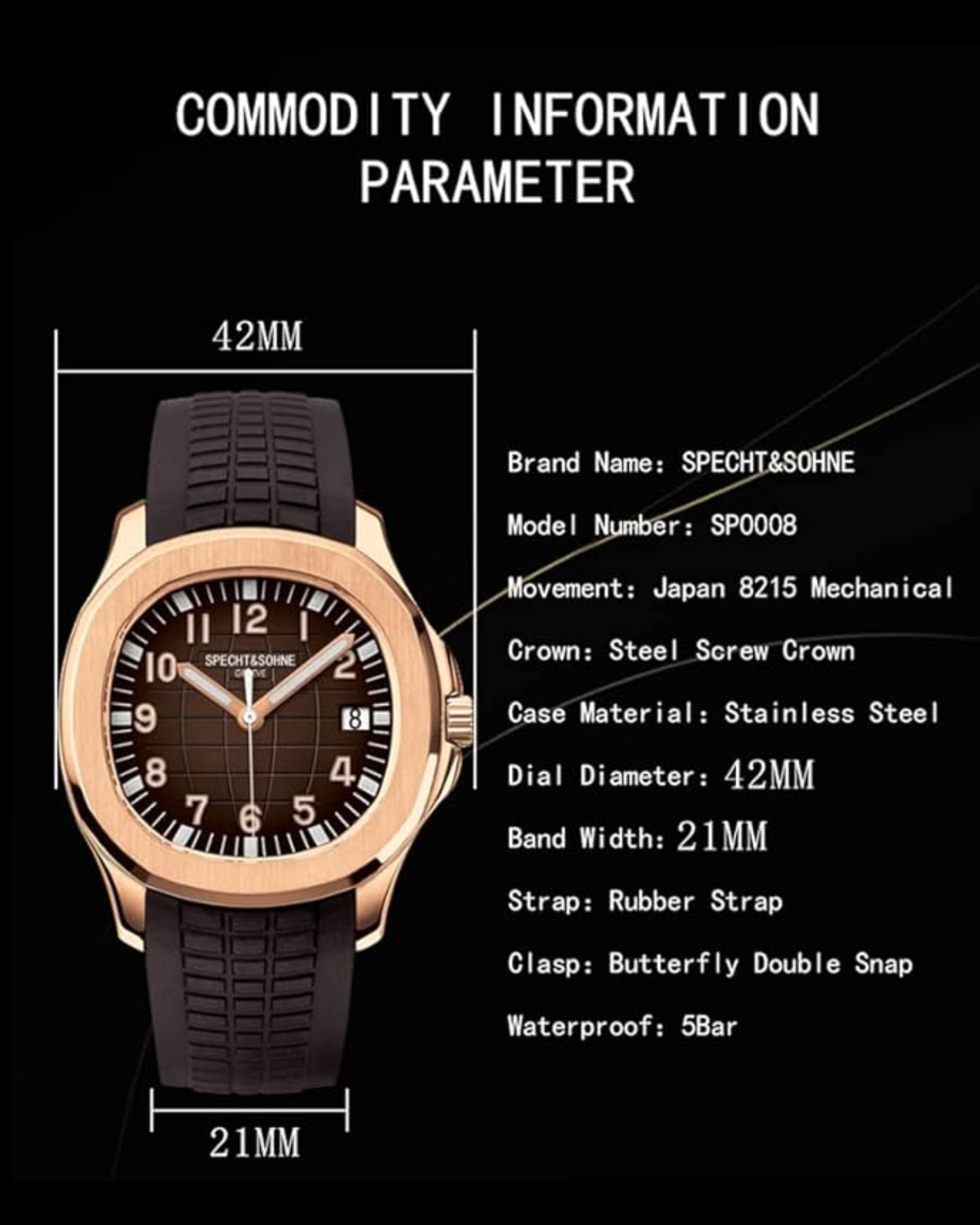 Specht&Sohne Modern 42 mm Miyota 8215 Movement Classic Mechanical Wristwatch - Black
