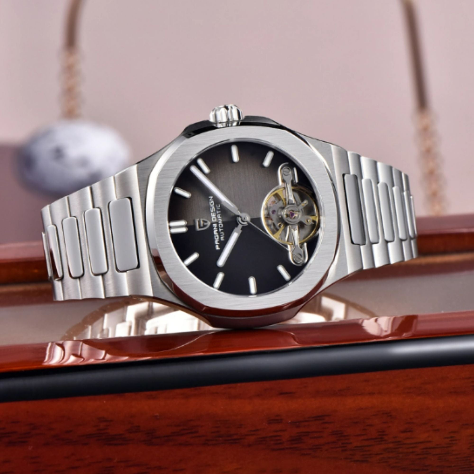 PAGANI DESIGN PD-YS025 Automatic Stainless Steel Sapphire Glass Wristwatch with open Balance Wheel