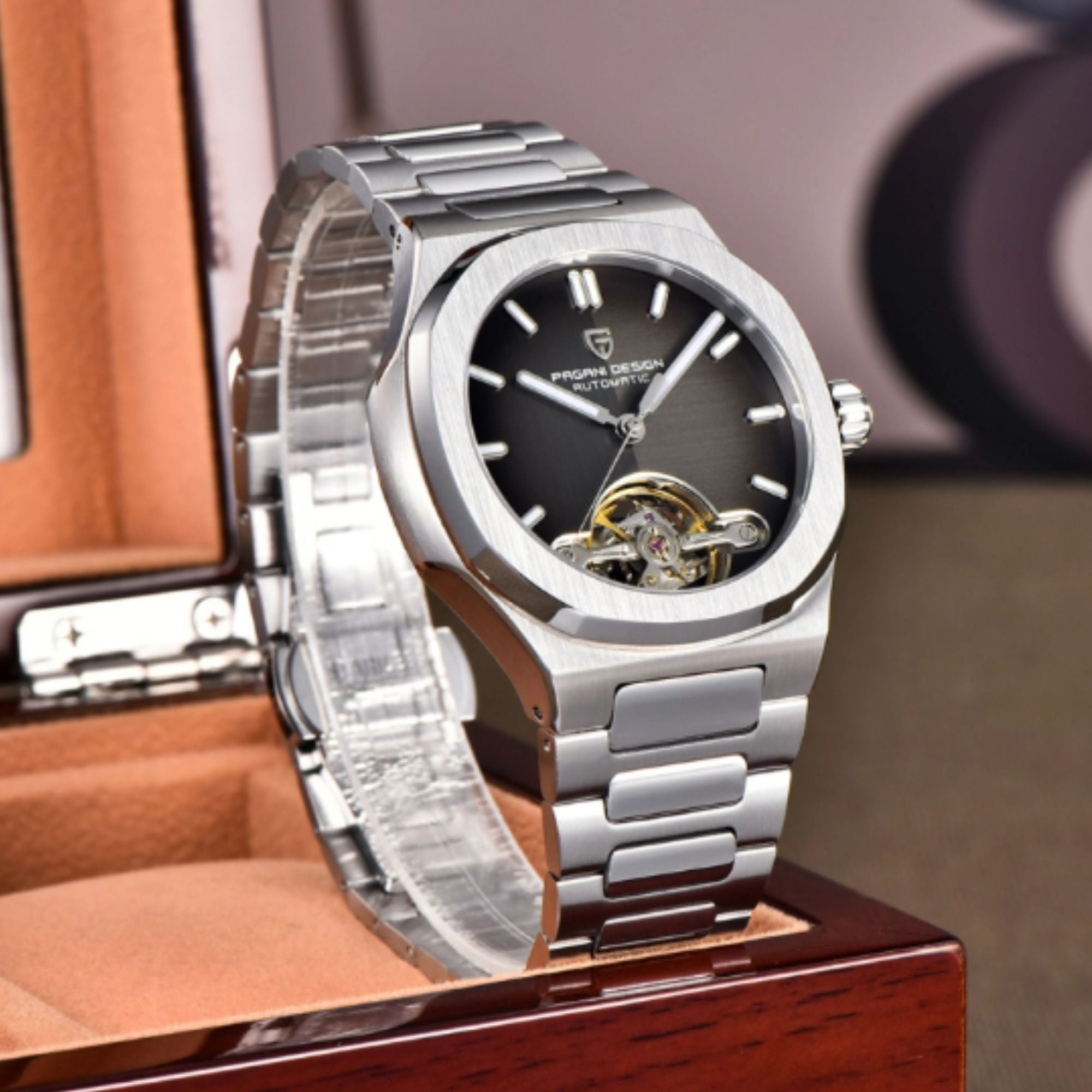 PAGANI DESIGN PD-YS025 Automatic Stainless Steel Sapphire Glass Wristwatch with open Balance Wheel