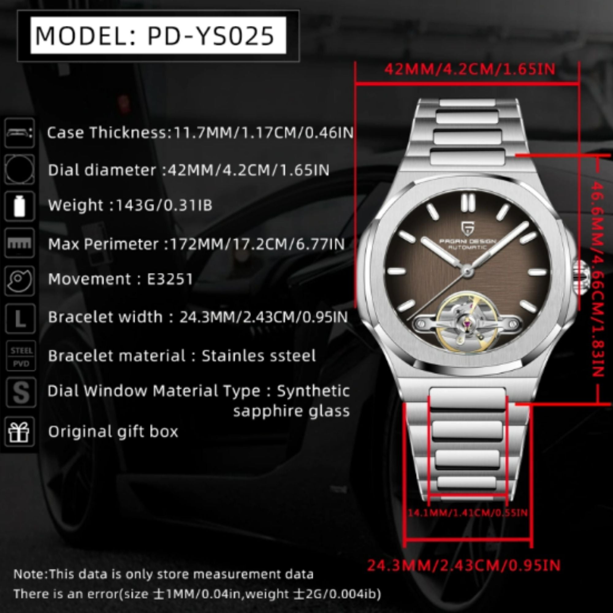 PAGANI DESIGN PD-YS025 Automatic Stainless Steel Sapphire Glass Wristwatch with open Balance Wheel