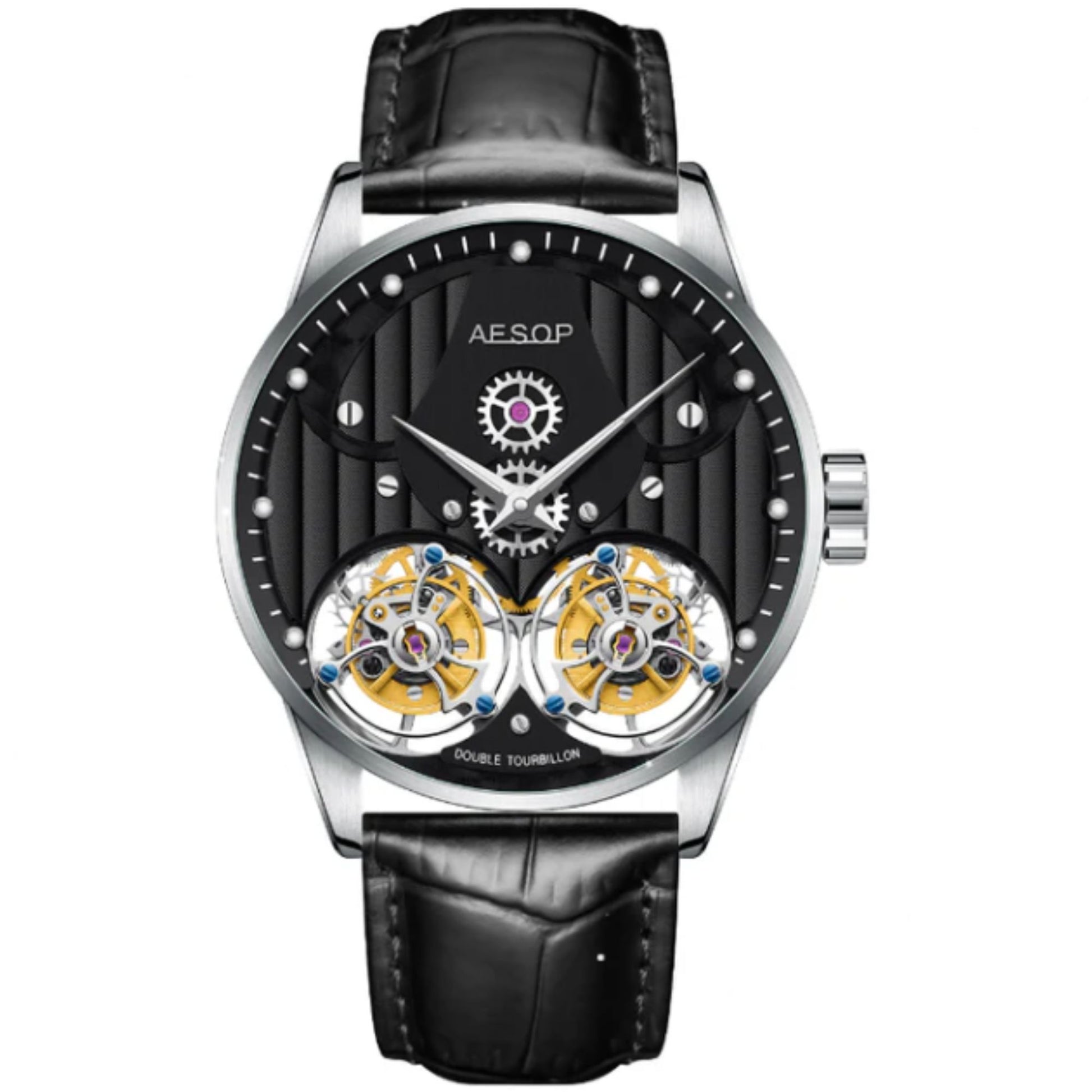 Aesop Double Tourbillon Men Watch Flying Tourbillon Sapphire Crystal  Wristwatch 7030