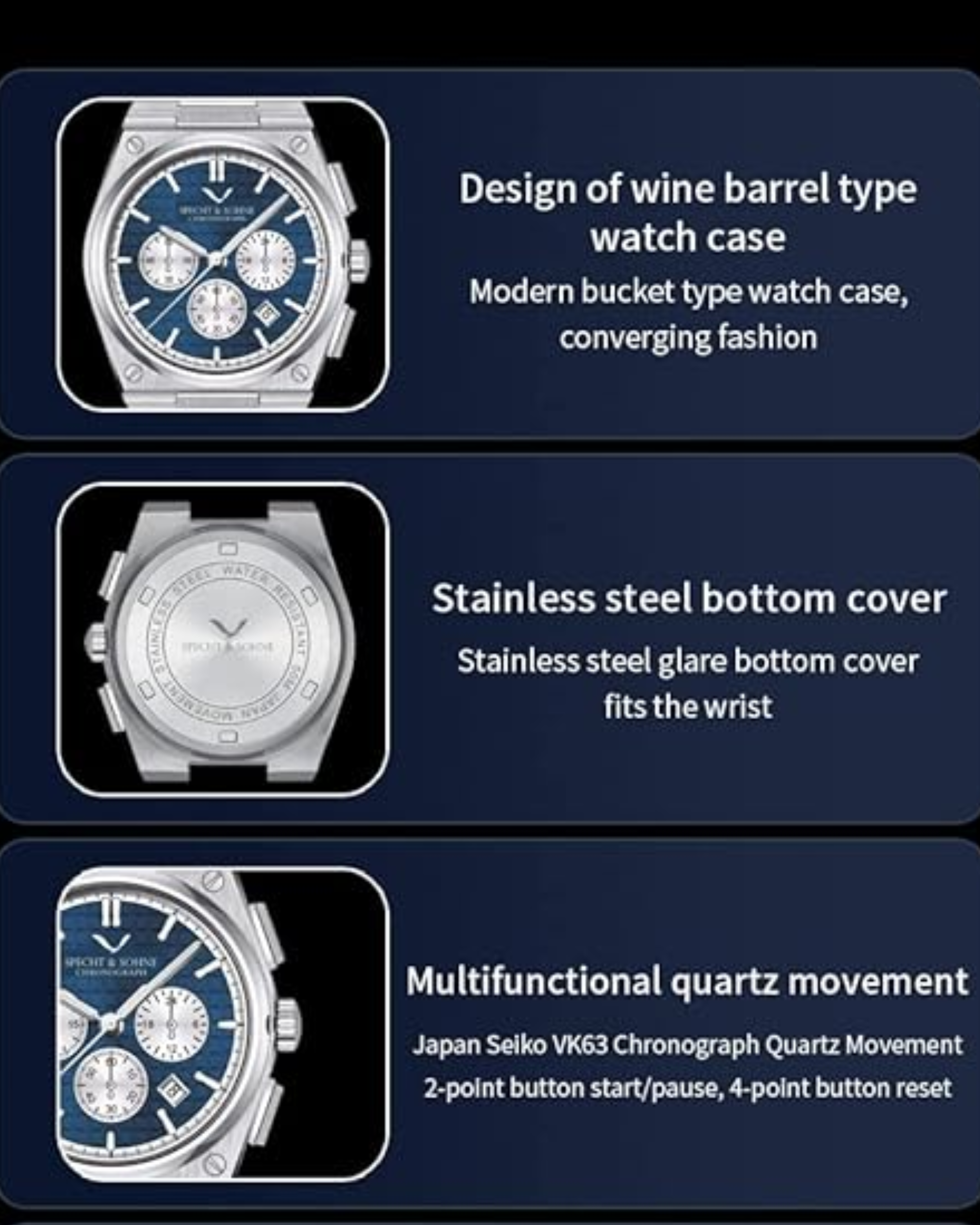 Specht&Sohne Multi-Function Chronograph with Seiko VK63 Watches Stainless Steel Wristwatch