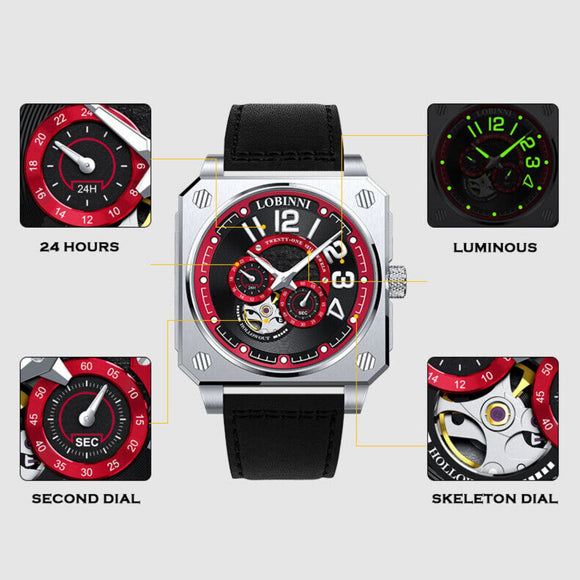 LOBINNI Mens Automatic Watches Luxury Luminous Mechanical Wristwatch Square Case -16065